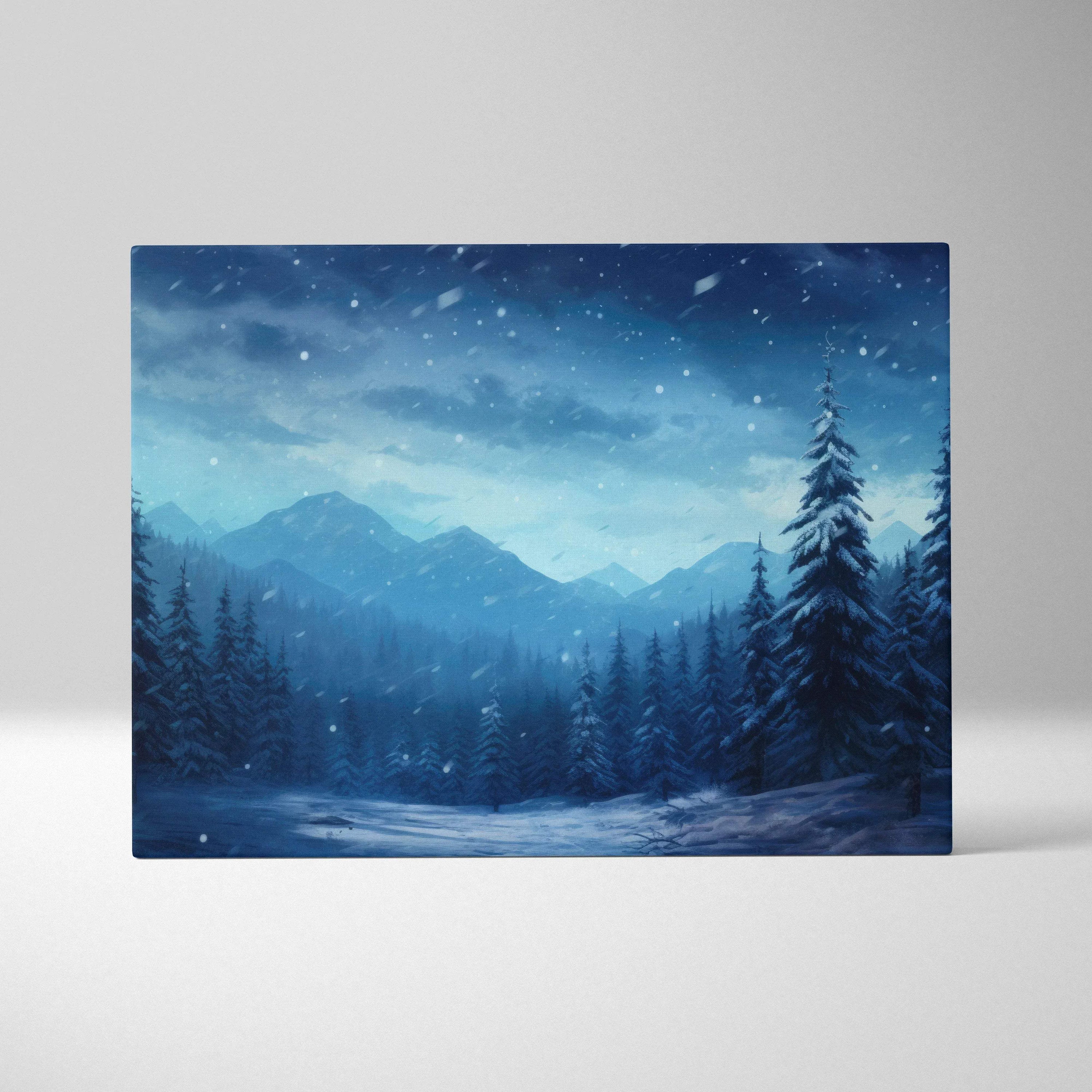 Winter night snowstorm scene on canvas wall art with dark blue tones and pine trees silhouette.