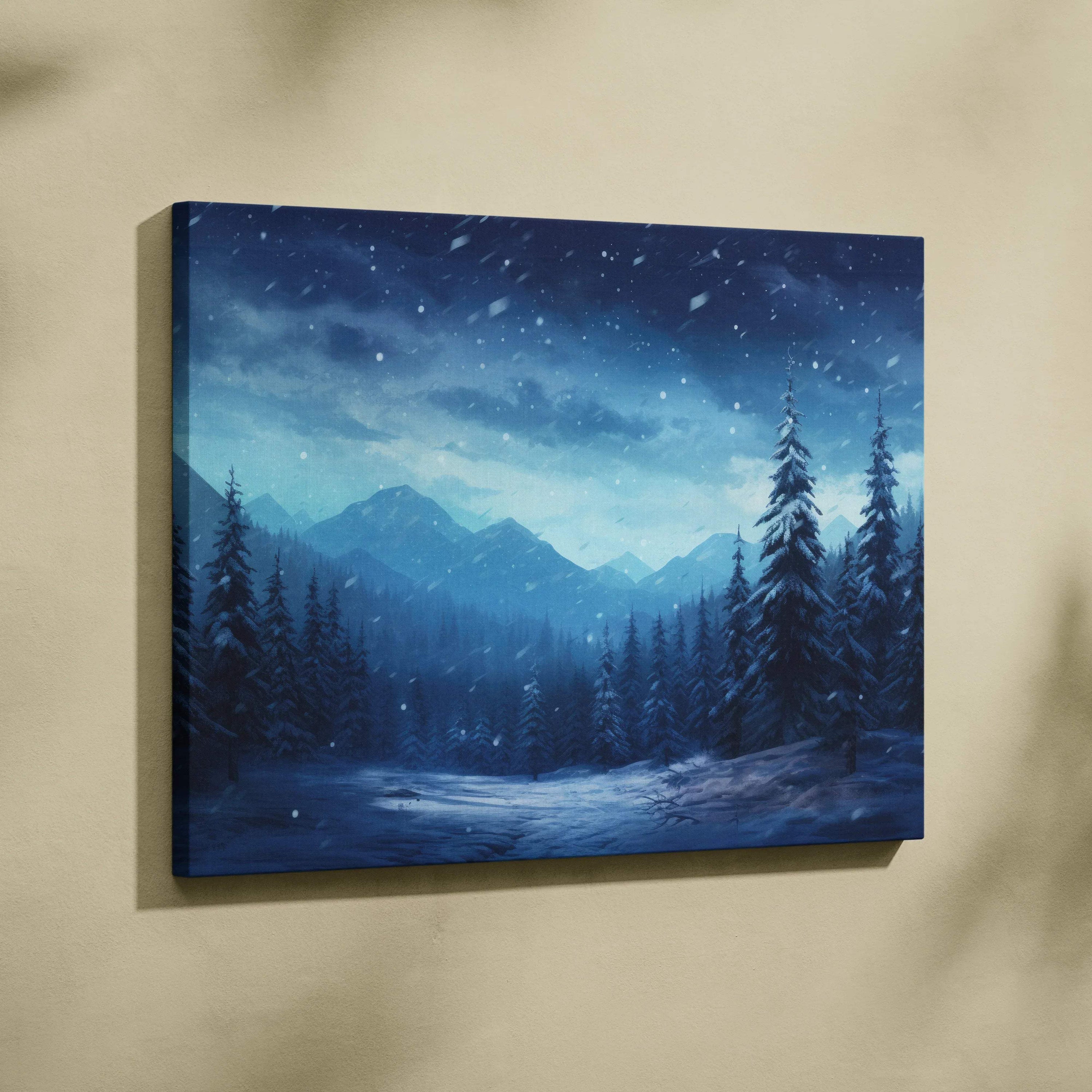 Canvas wall art featuring a snowy night forest scene with pine trees and distant mountains under a dark blue sky.