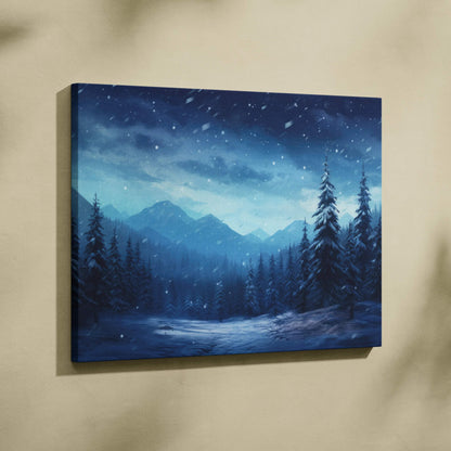 Canvas wall art featuring a snowy night forest scene with pine trees and distant mountains under a dark blue sky.