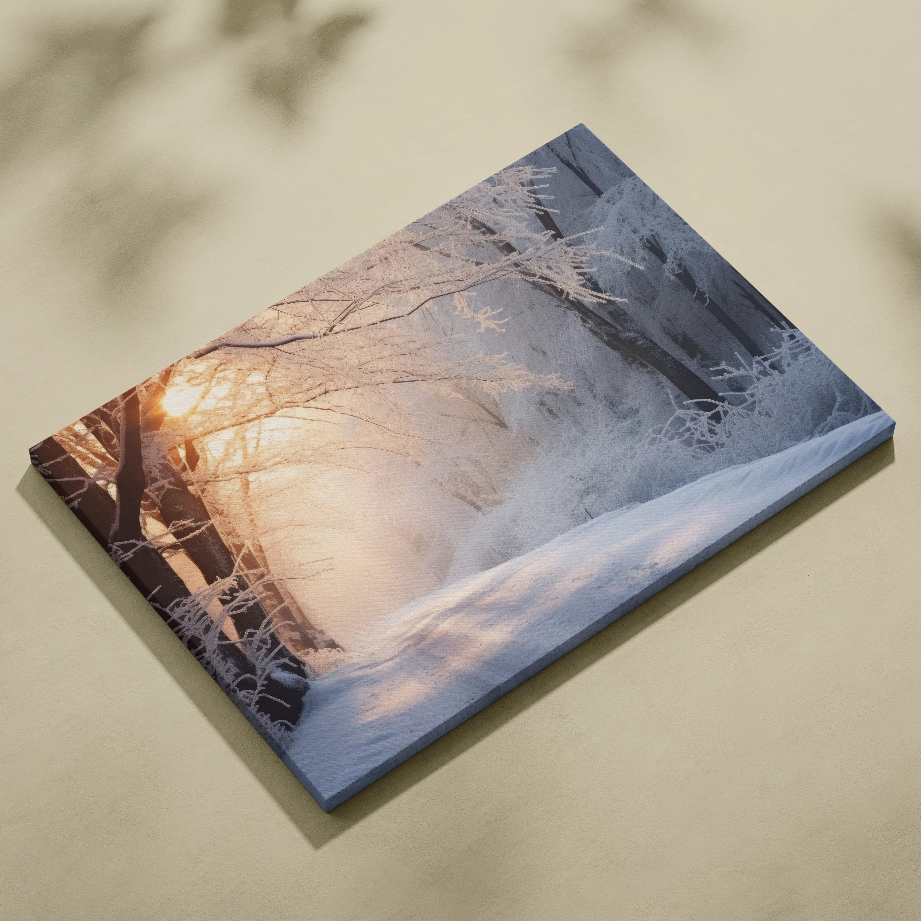 Winter landscape canvas art with snowy trees and soft orange sunset glow, framed edge wall decor.