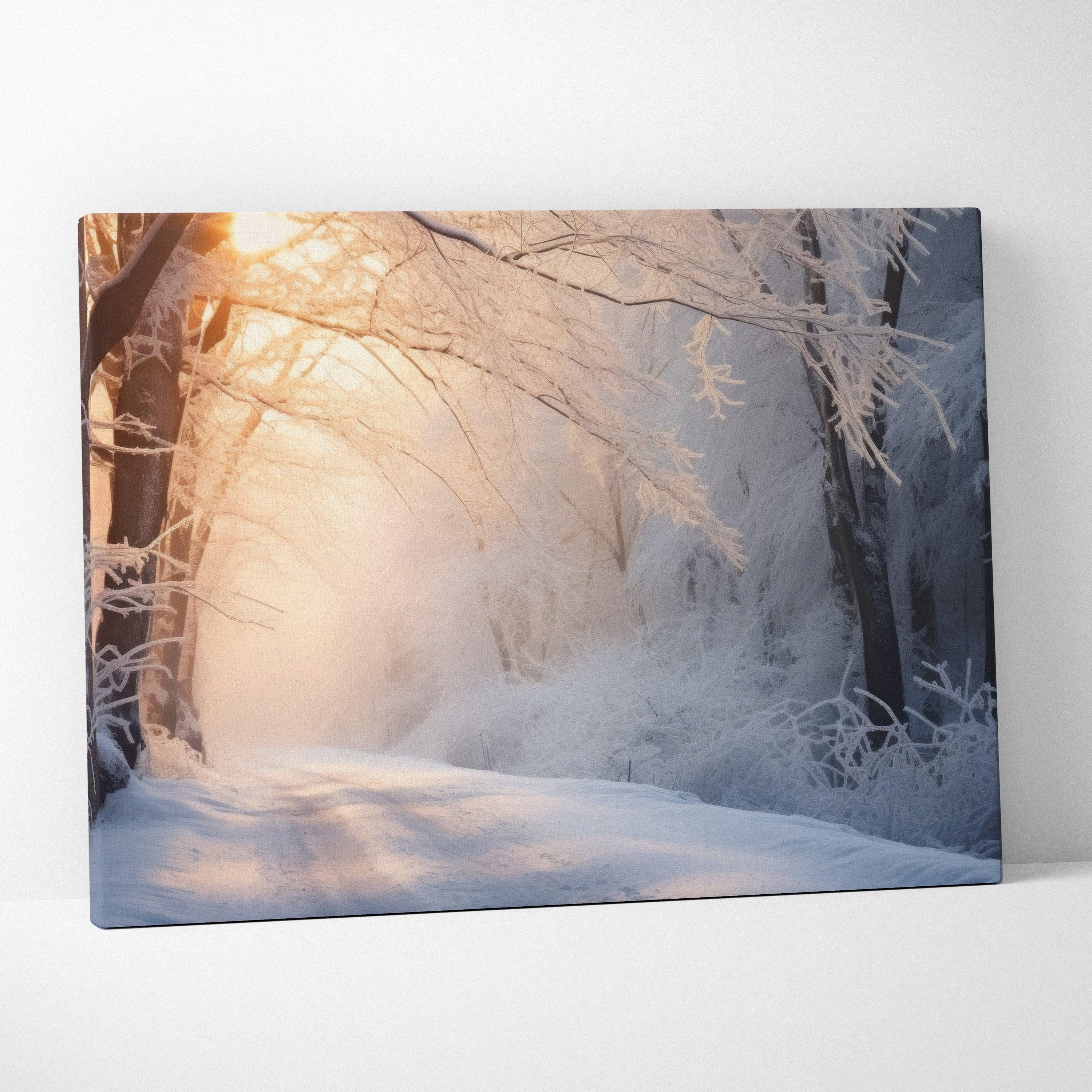 Canvas wall art depicting a snowy forest path at sunset with soft golden light and frosted trees.