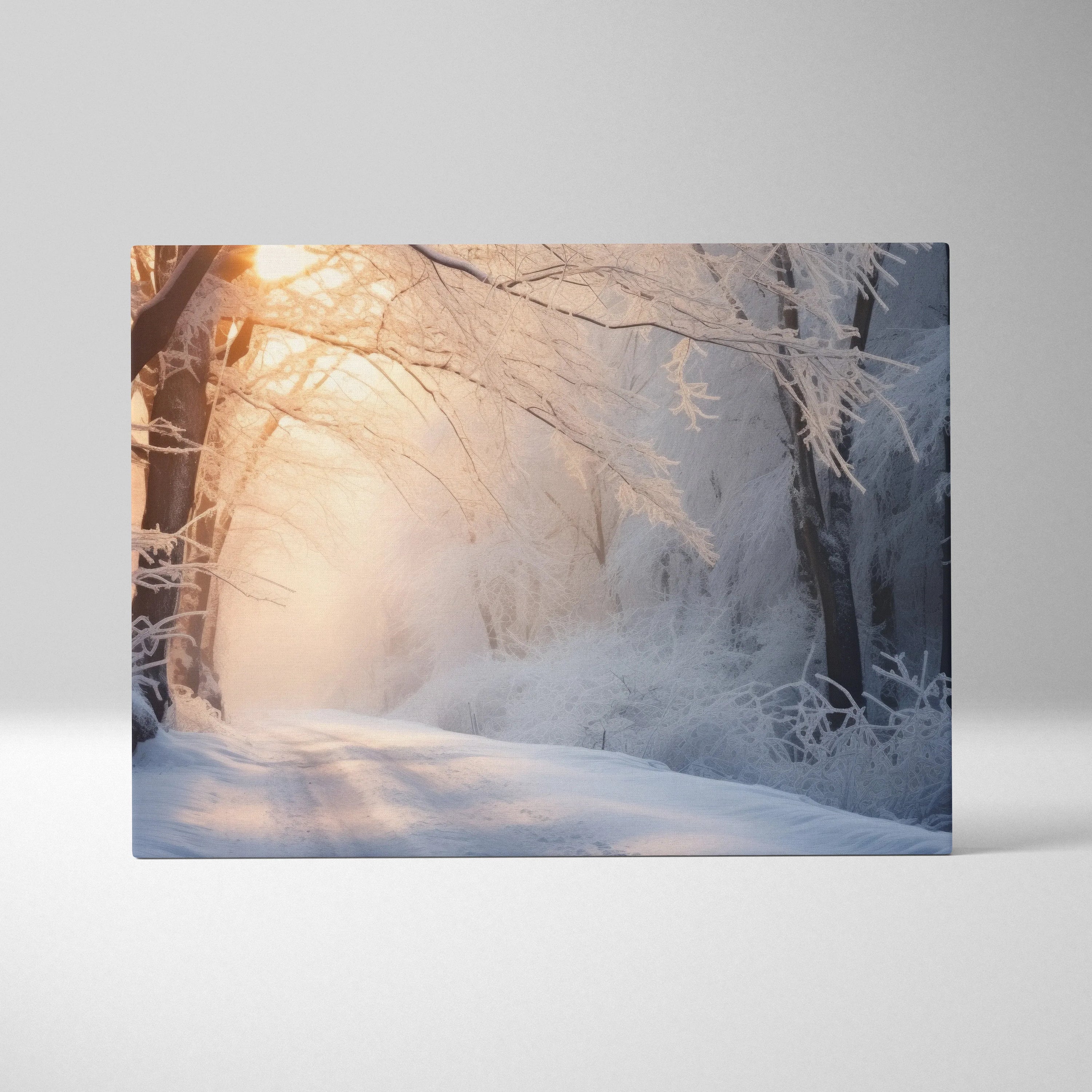 Canvas wall art featuring a snowy forest path at sunset with soft orange and blue tones.
