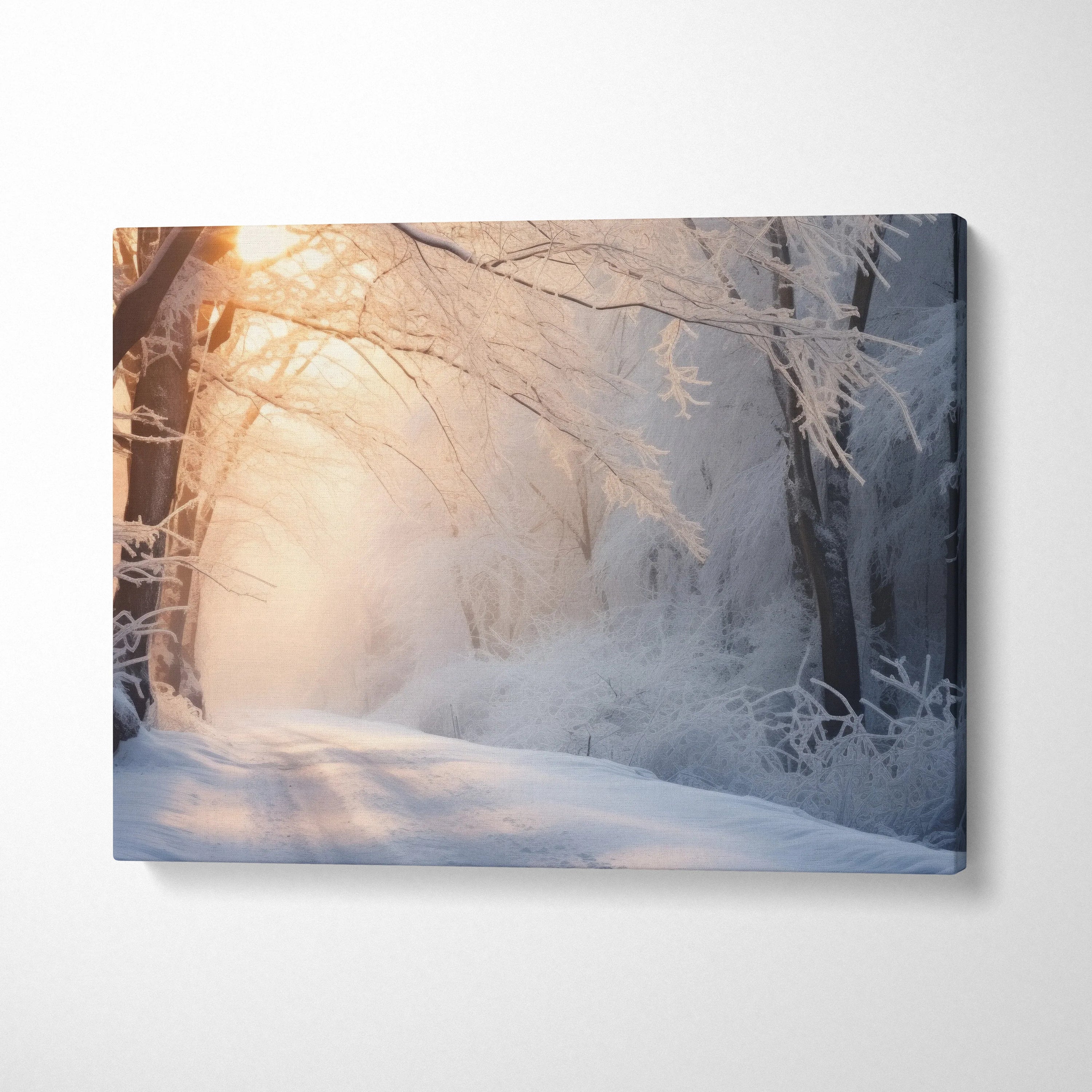 Winter snowy forest landscape canvas wall art with soft golden sunset glow and frosted trees decor.