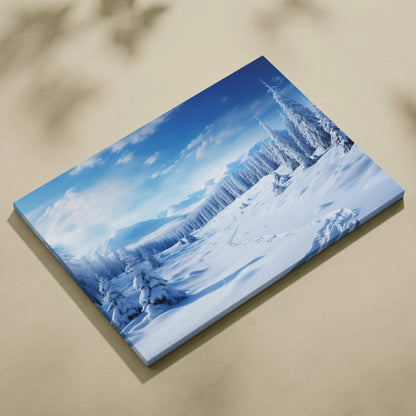 Canvas wall art featuring a serene snowy winter landscape with frosted trees and a bright blue sky.