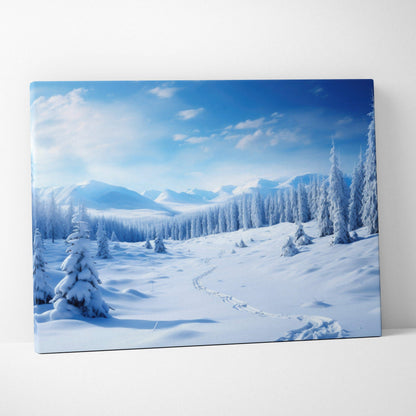 Canvas wall art featuring a serene snowy landscape with pine trees and mountain peaks under a bright blue sky.