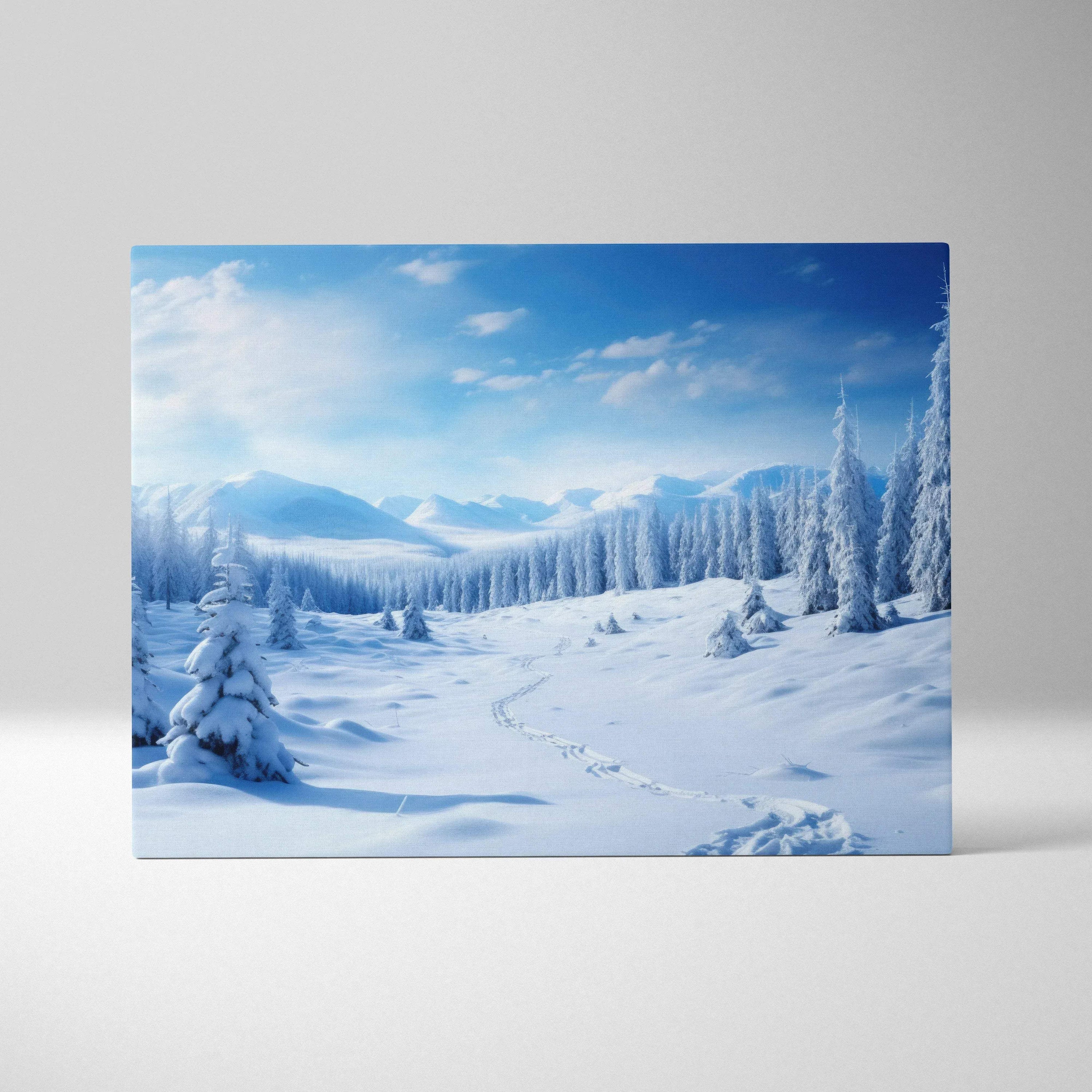 High-resolution canvas wall art featuring a serene snowy winter landscape with snow-covered trees and mountains under a.