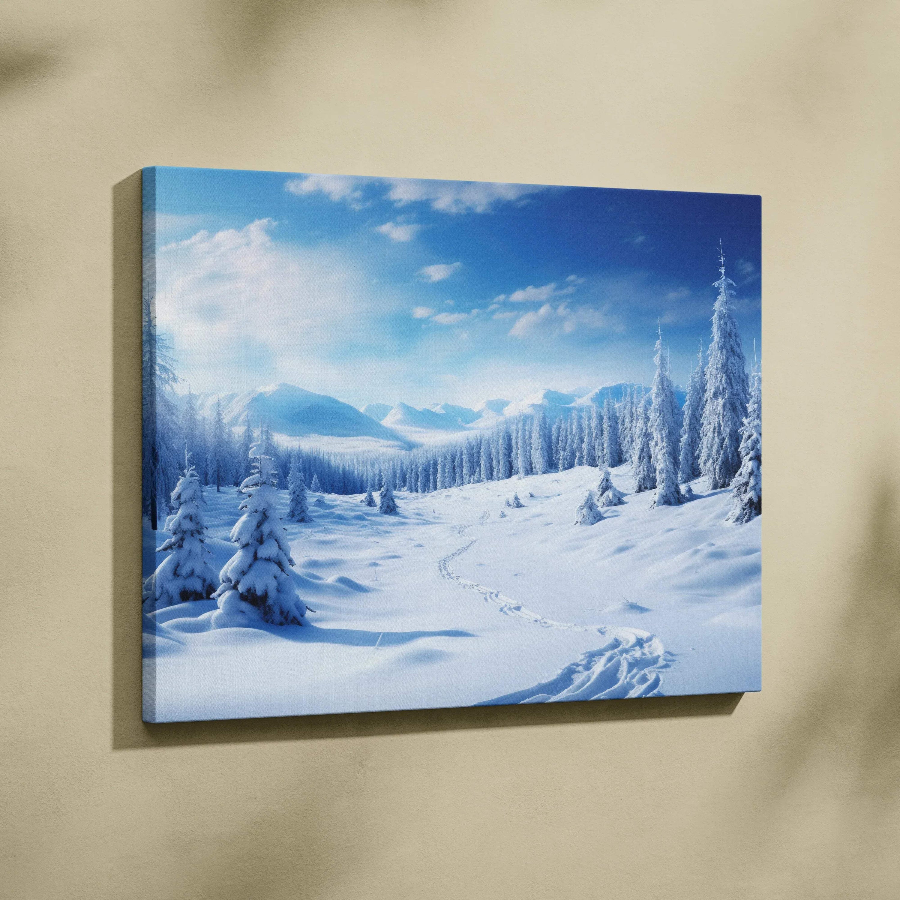 High-resolution canvas wall art featuring a snowy winter landscape with snow-covered trees and mountains under a bright blue