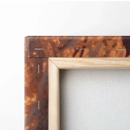 Close-up of wooden stretcher frame and stapled edges on blank canvas for wall art decor.
