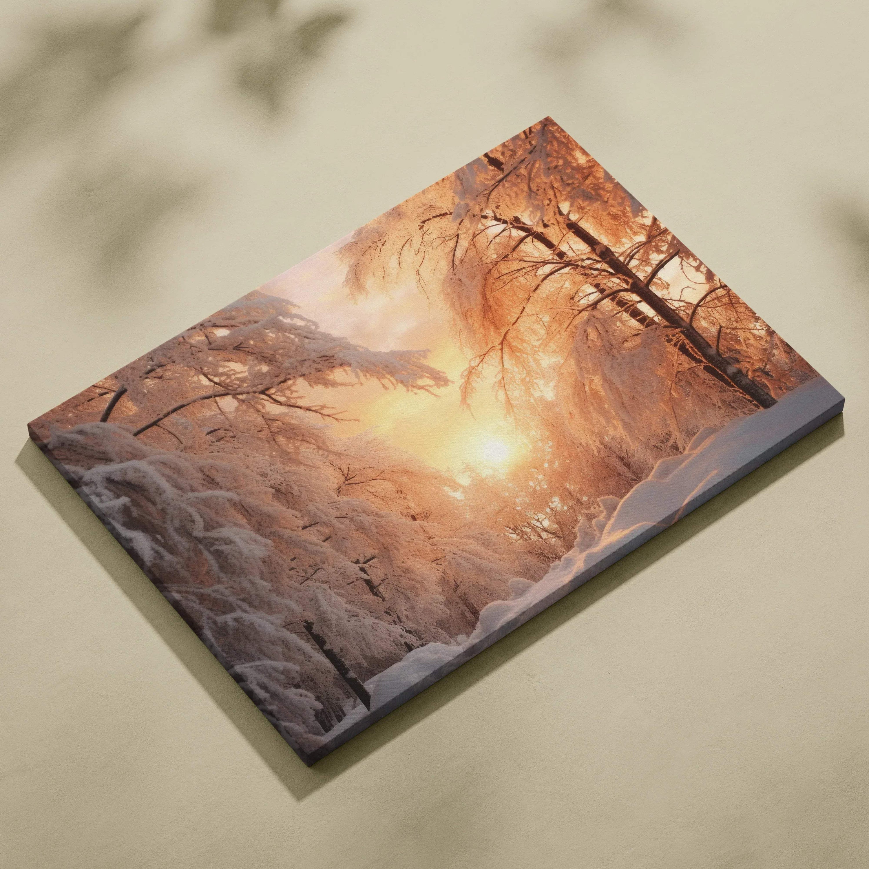 Canvas wall art featuring a snowy forest landscape at sunset with warm orange and soft pink tones.