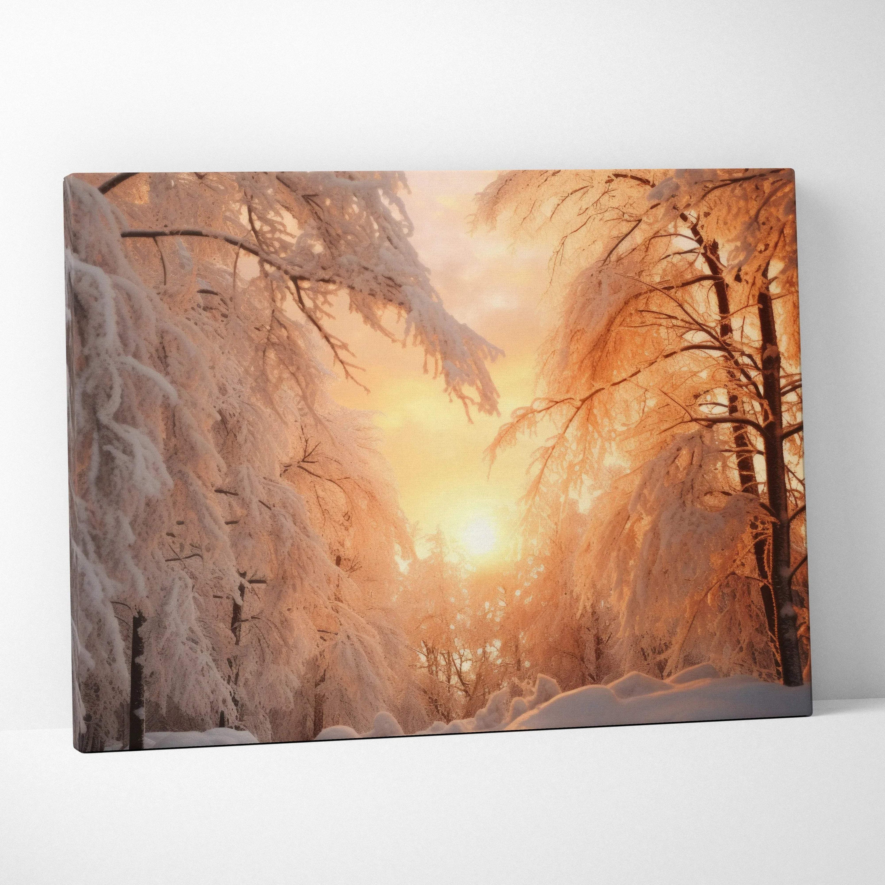 Canvas wall art depicting a snowy forest bathed in warm golden sunset light, highlighting frosted trees and soft shadows.