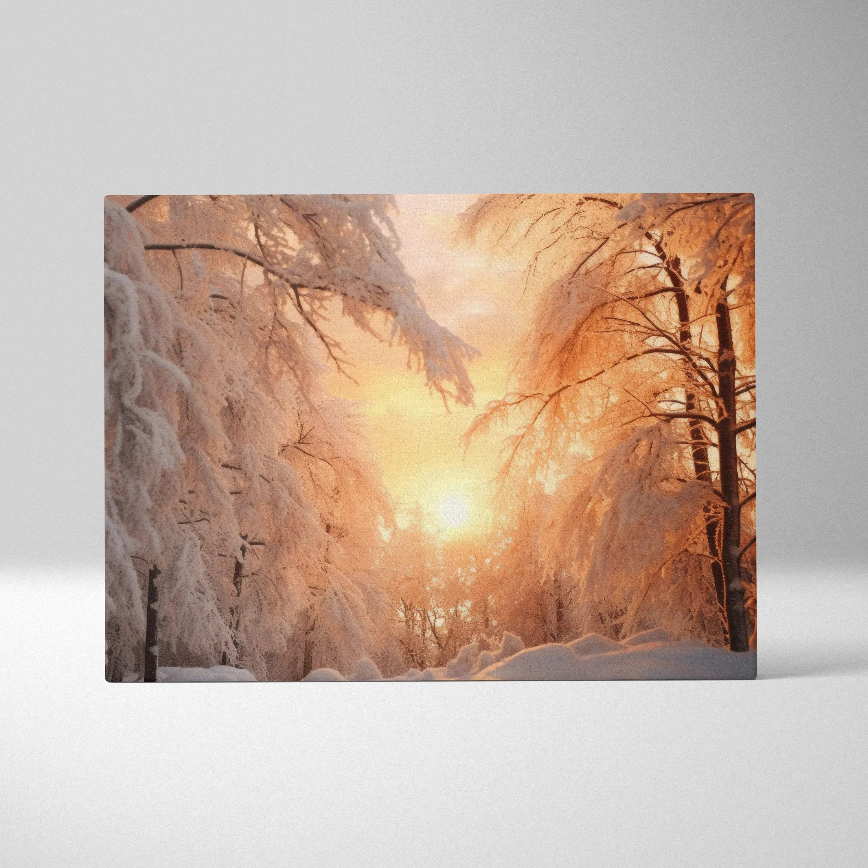 Canvas wall art depicting a snowy forest at sunset with warm orange and golden light filtering through snow-covered trees.