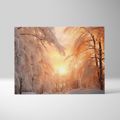 Canvas wall art depicting a snowy forest at sunset with warm orange and golden light filtering through snow-covered trees.