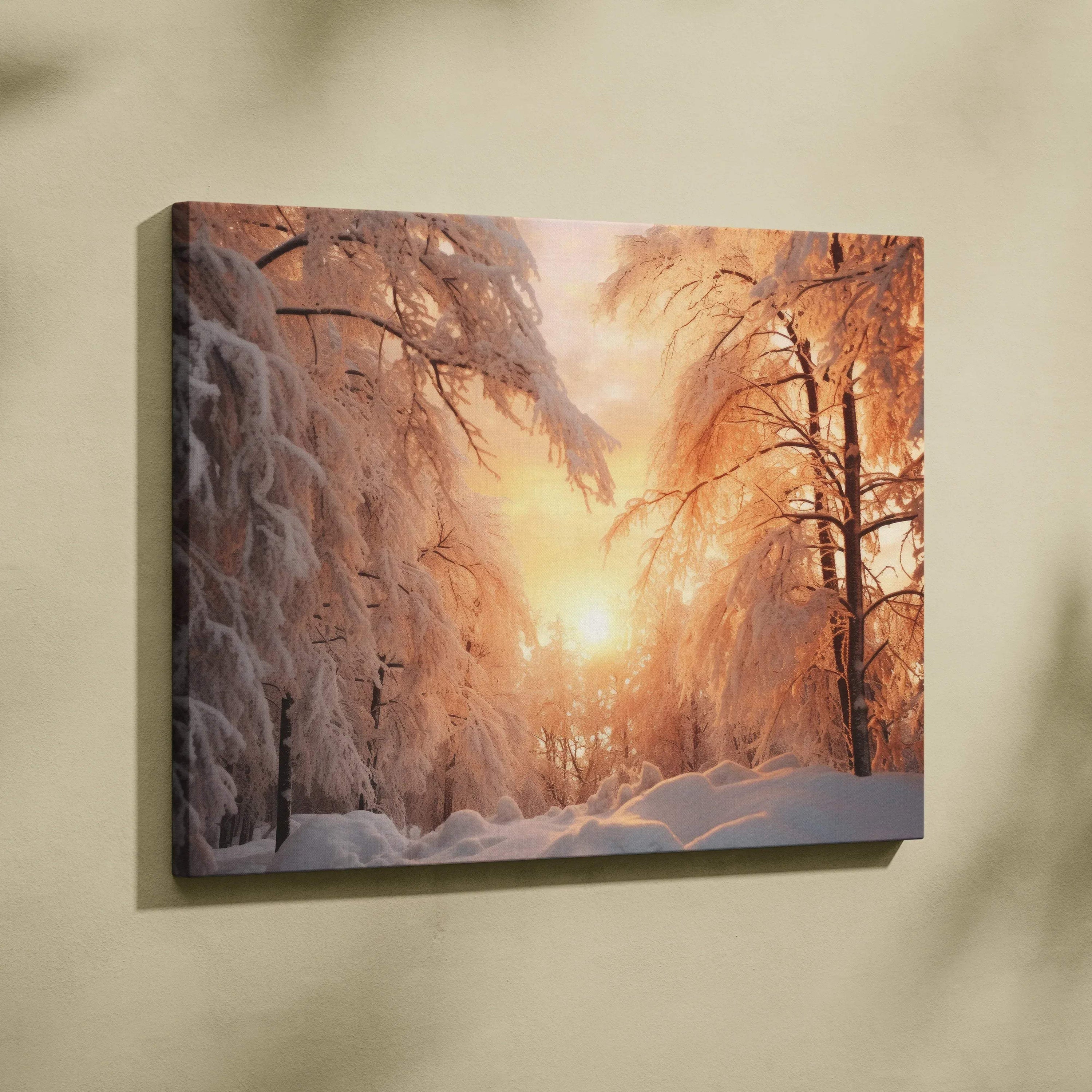 Winter forest canvas wall art with snowy trees glowing in warm sunset light decor.