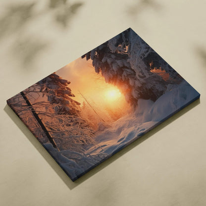 Canvas wall art featuring a snowy forest landscape at sunset with warm golden light and frosted trees.