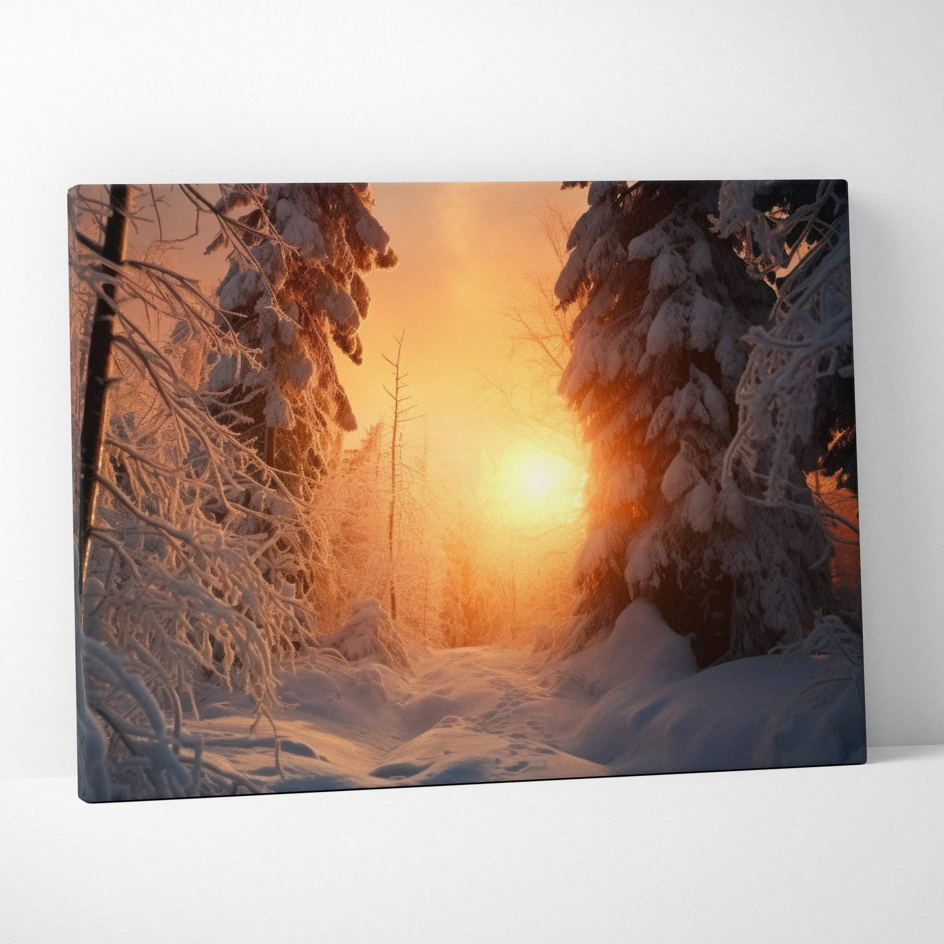 Canvas wall art featuring a snowy forest at sunset with warm orange sunlight filtering through tall snow-covered trees.