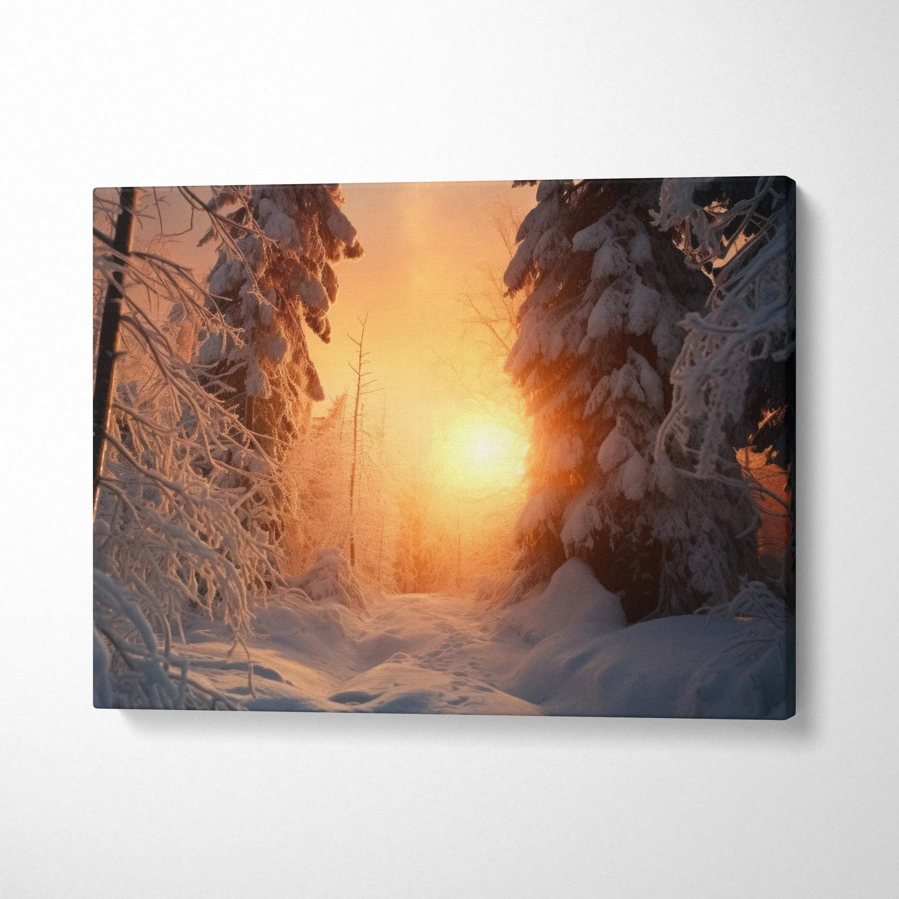 Canvas wall art featuring a dreamy snowy forest with a glowing sunset, perfect winter decor.