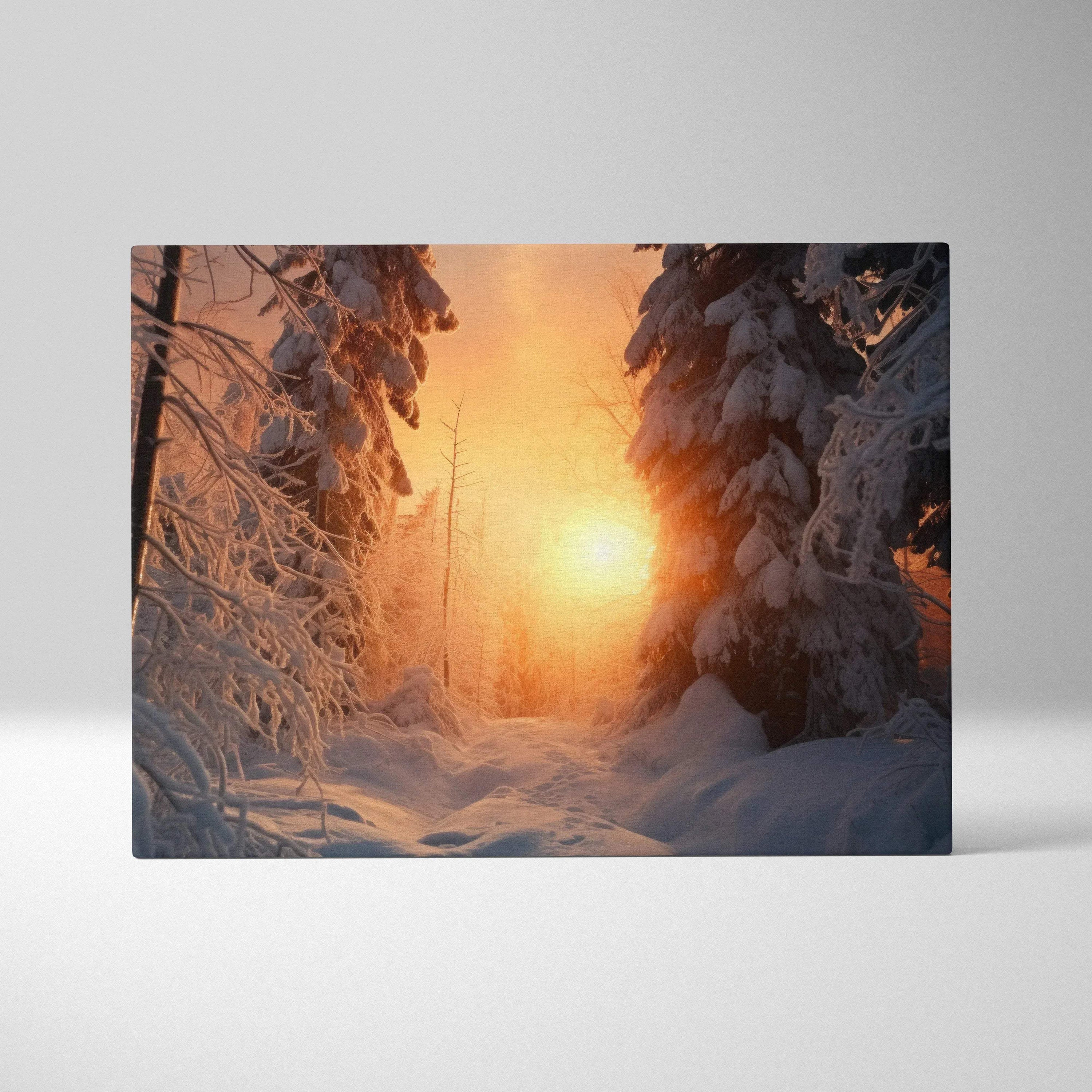 Canvas wall art featuring a snowy forest landscape with warm orange sunset light filtering through tall pine trees.