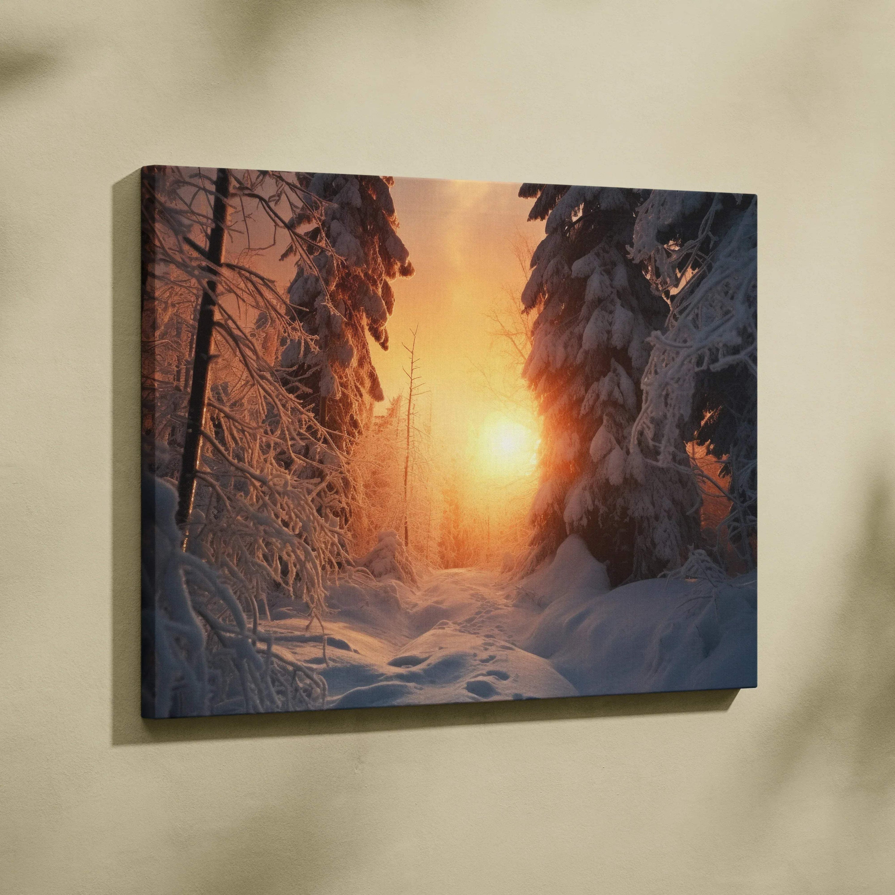 Canvas wall art featuring a snowy forest at sunset with warm orange light filtering through tall trees.