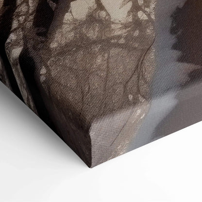 Close-up of textured canvas wall art corner featuring dark, muted tones and subtle forest shadow details.