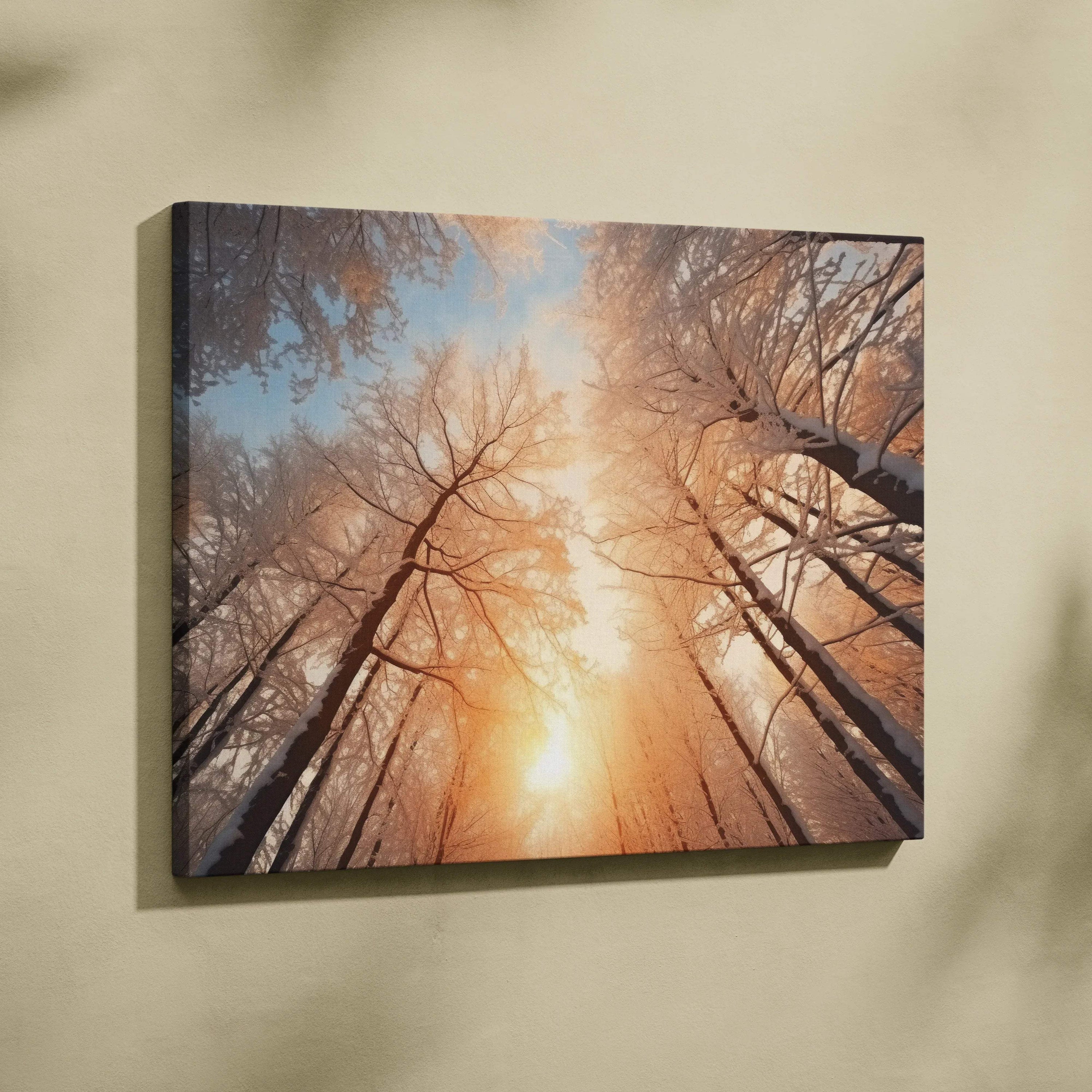 Winter forest sunset canvas wall art with snowy trees and warm golden light decor.