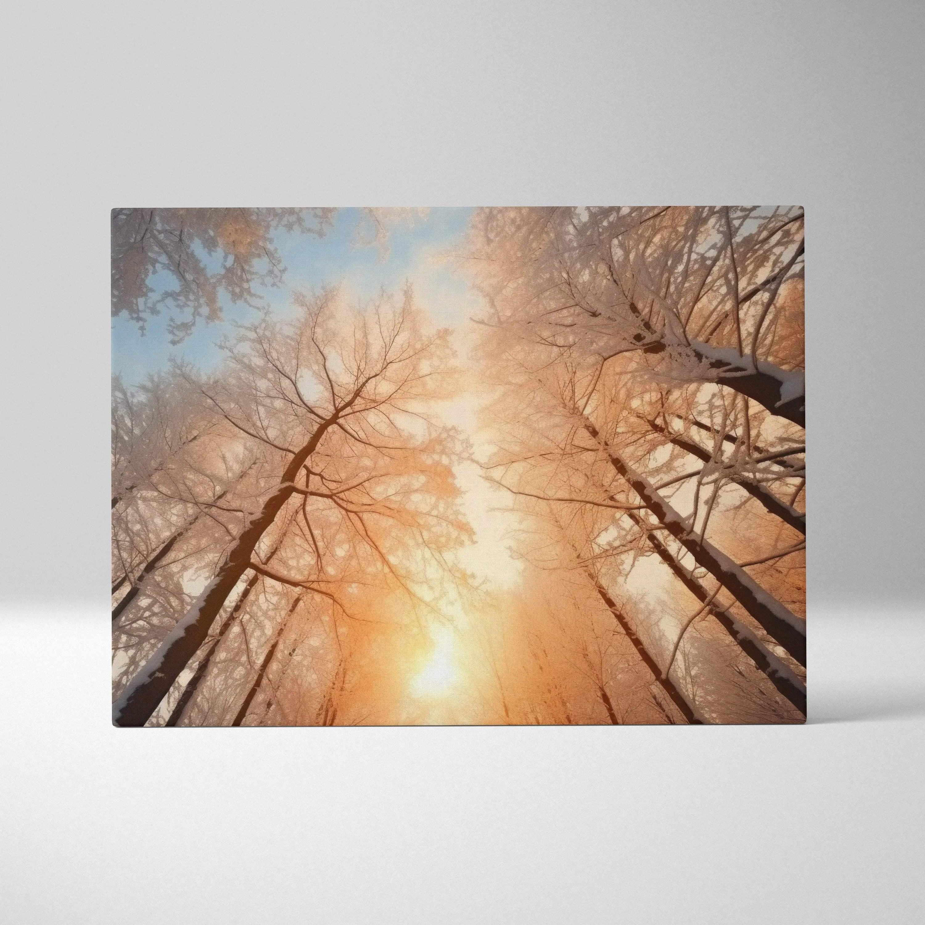 Canvas wall art showing tall snow-covered trees with a warm golden sunset filtering through a wintry forest sky.