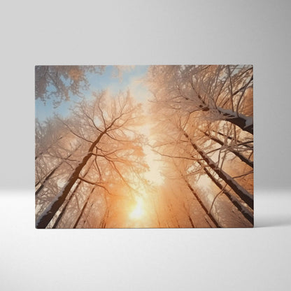 Canvas wall art showing tall snow-covered trees with a warm golden sunset filtering through a wintry forest sky.