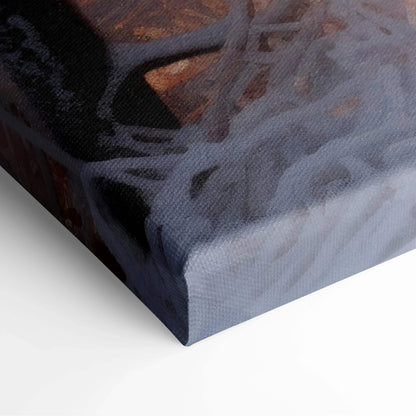 Canvas wall art corner showing textured snowy forest scene with warm orange and cool blue tones at sunset.