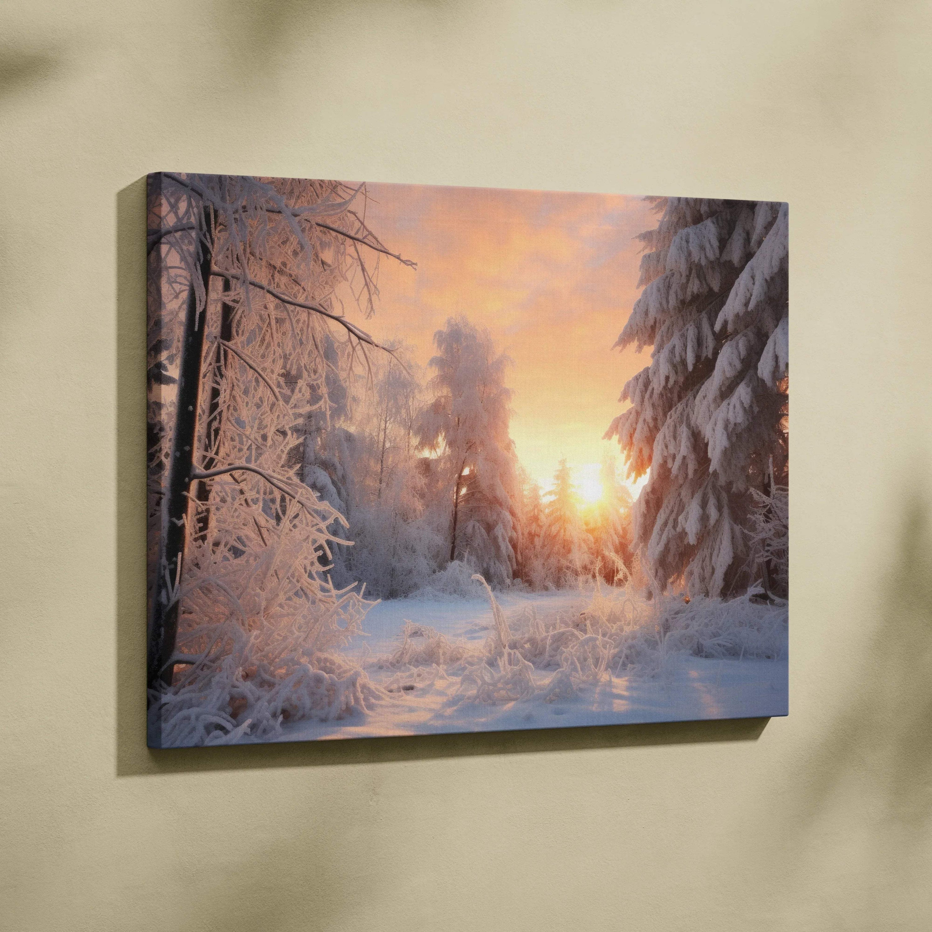 Canvas wall art depicting a snowy forest at sunset with warm orange and purple hues and snow-covered trees and ground.