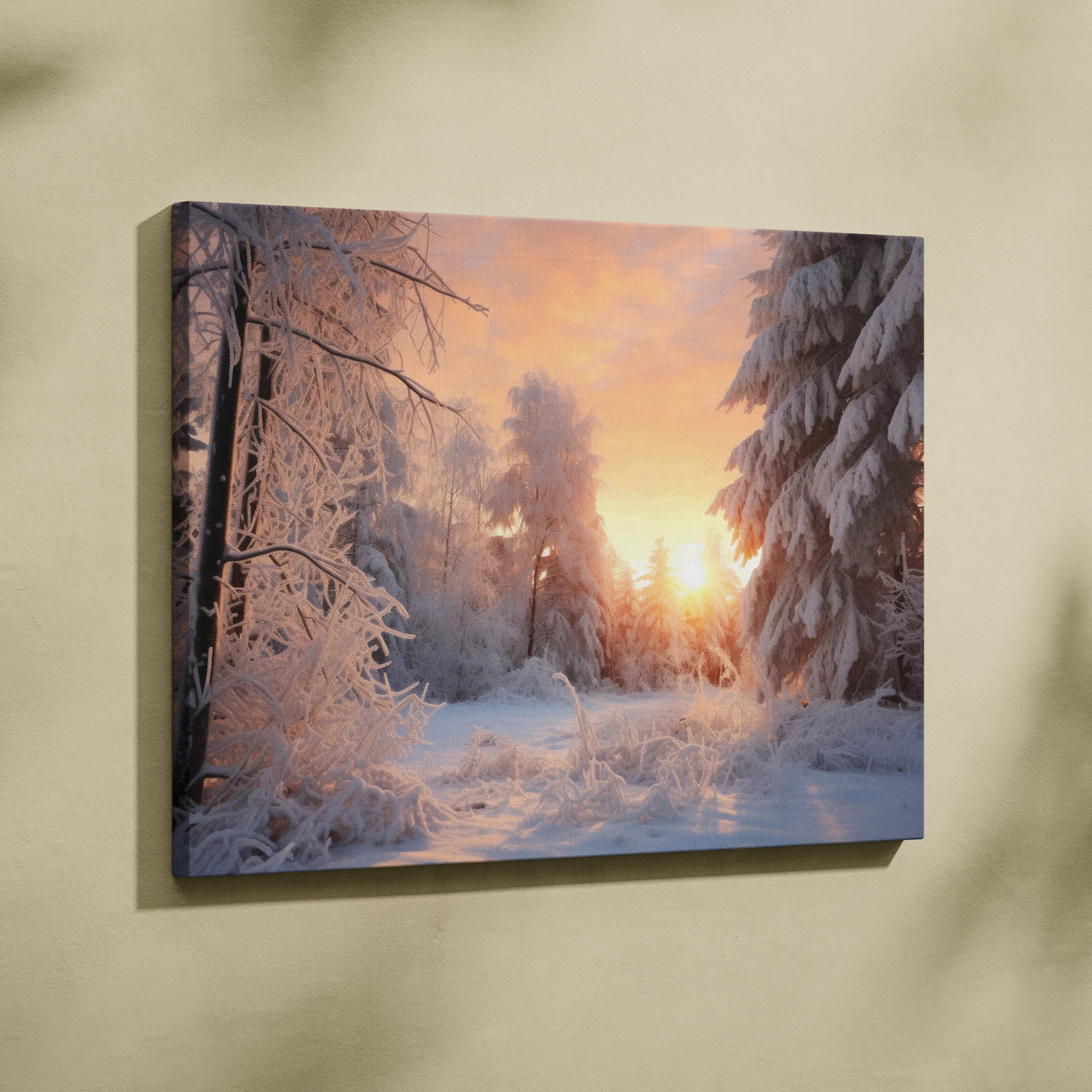 Dreamy winter sunset landscape canvas wall art featuring a snow-covered forest with warm glow and soft blues