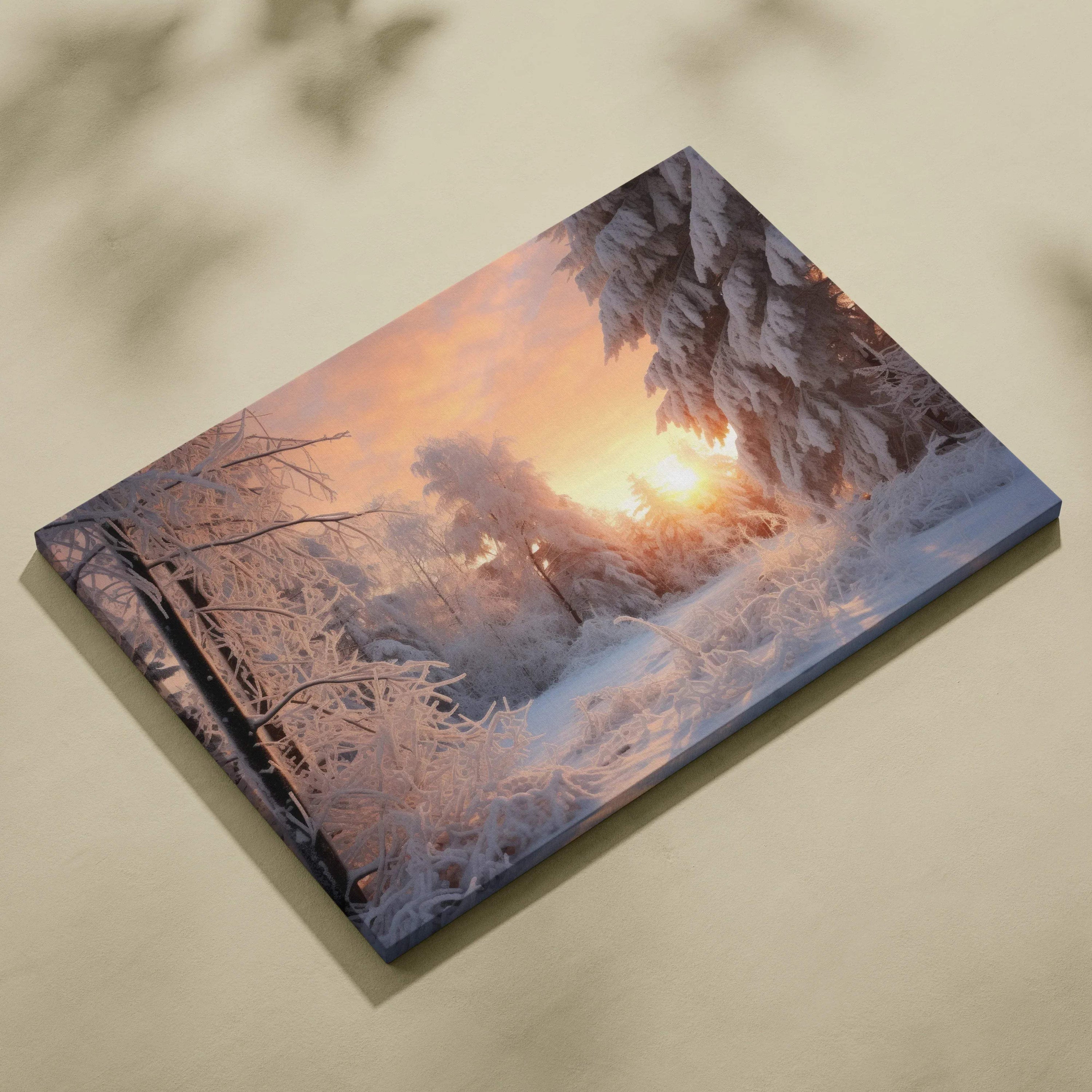 Canvas wall art depicting a snowy forest at sunset with warm orange and purple hues and detailed snow-covered trees.