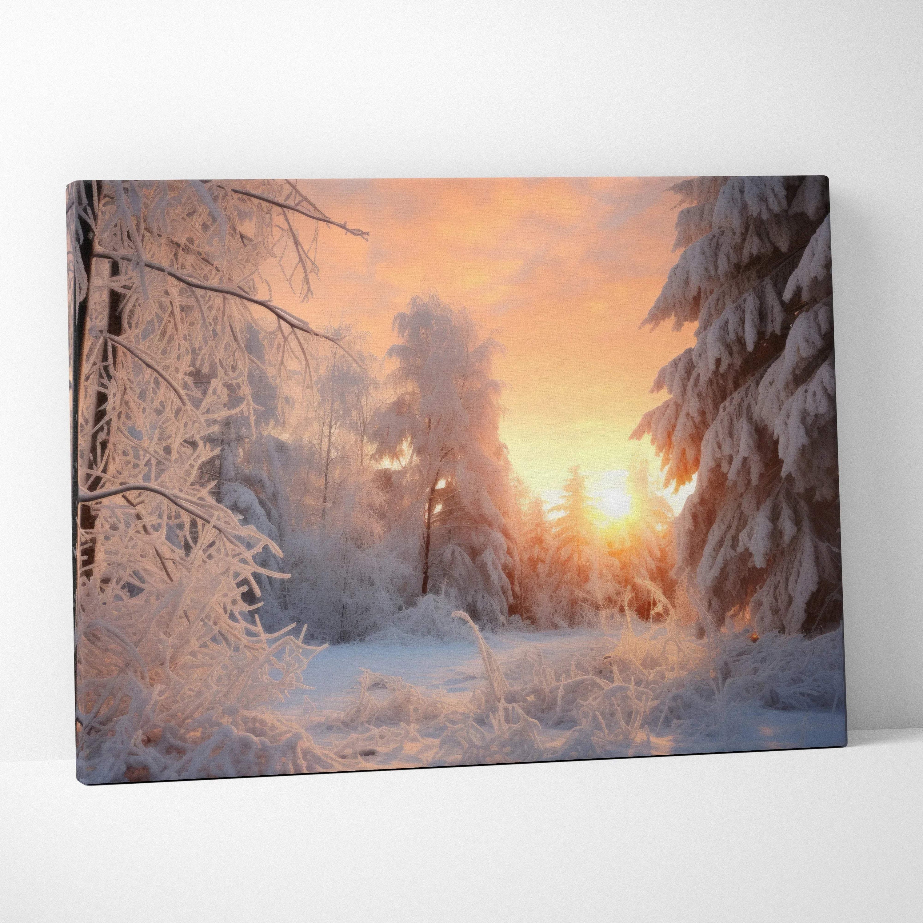 Canvas wall art depicting a snowy forest scene at sunset with warm orange and pink sky tones.