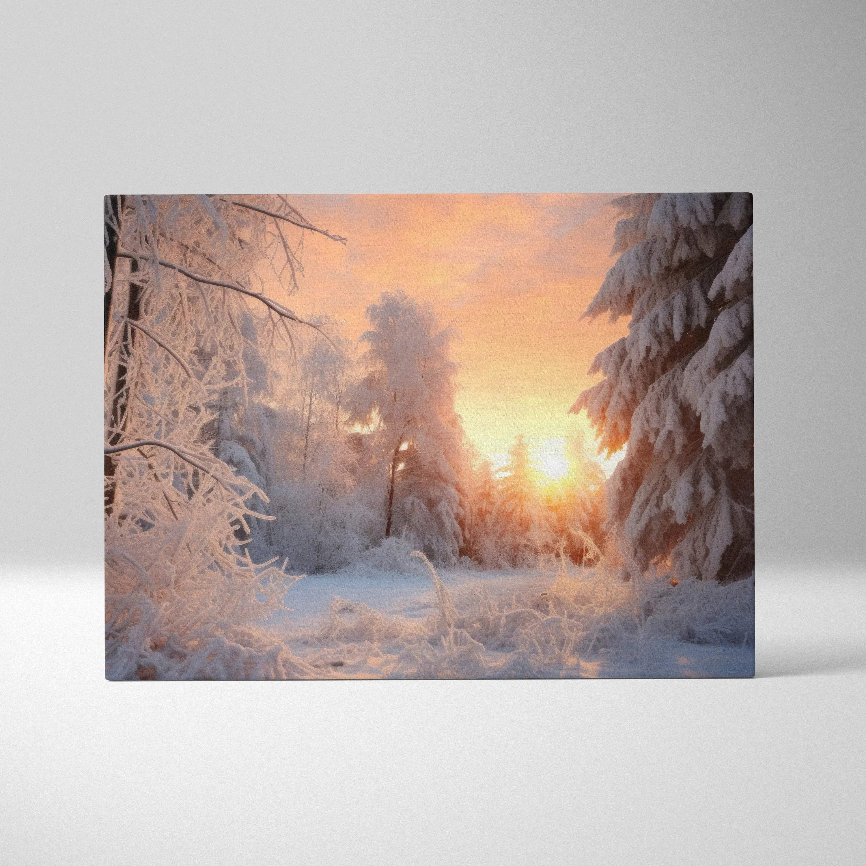 Canvas wall art depicting a snowy forest with tall trees bathed in warm orange and pink sunset light.