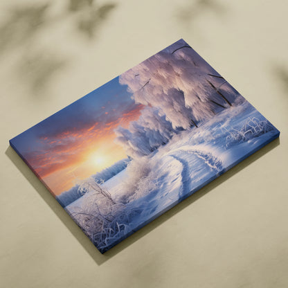 Canvas wall art depicting a snowy winter scene with frosted trees and a vibrant sunset sky in soft pink and purple tones.