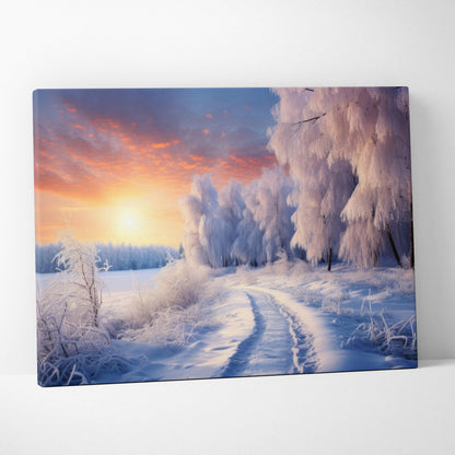 Canvas wall art depicting a snowy winter landscape with frosted trees and a vibrant sunset sky.