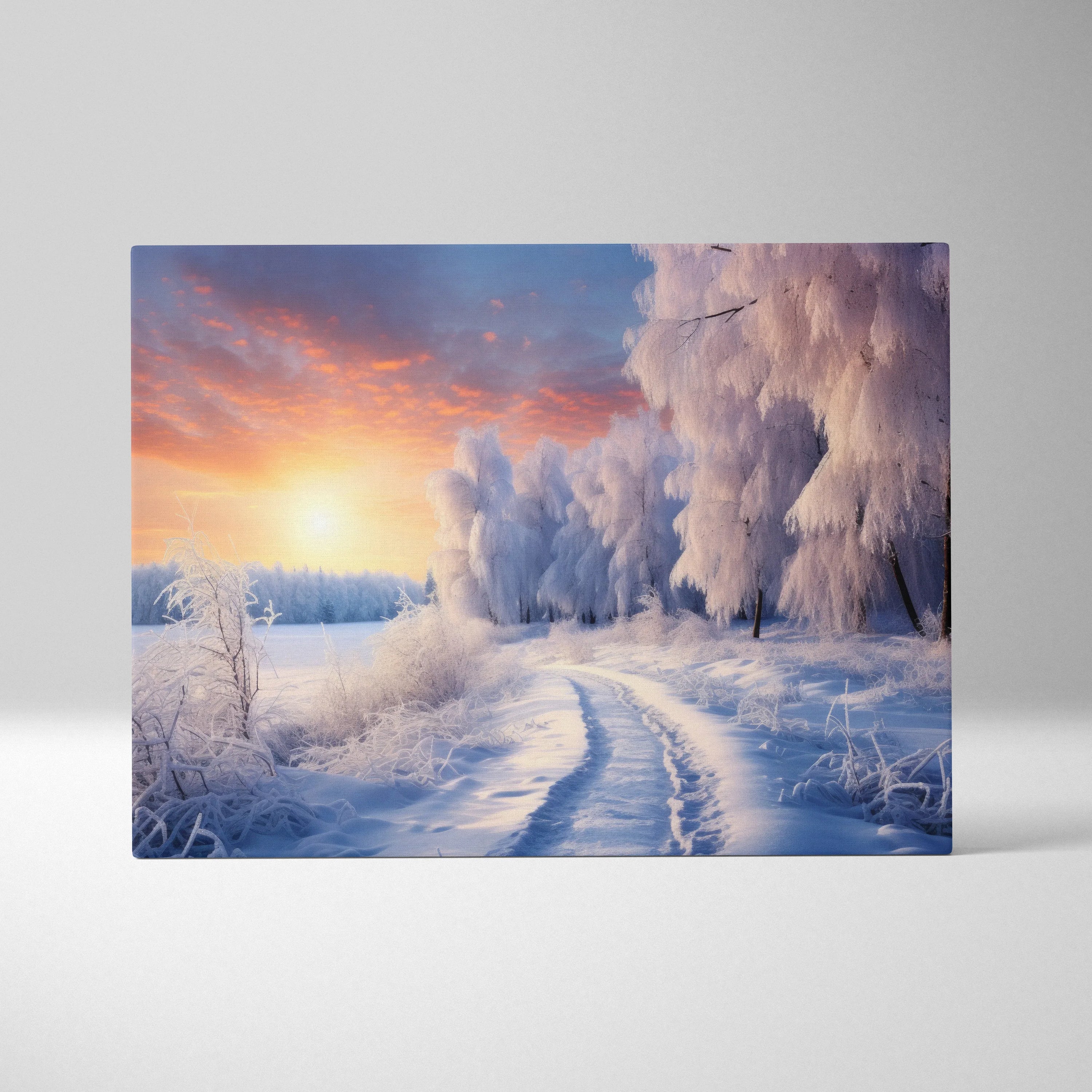 Canvas wall art featuring a snowy landscape with frosted trees and a glowing orange and purple sunset sky.