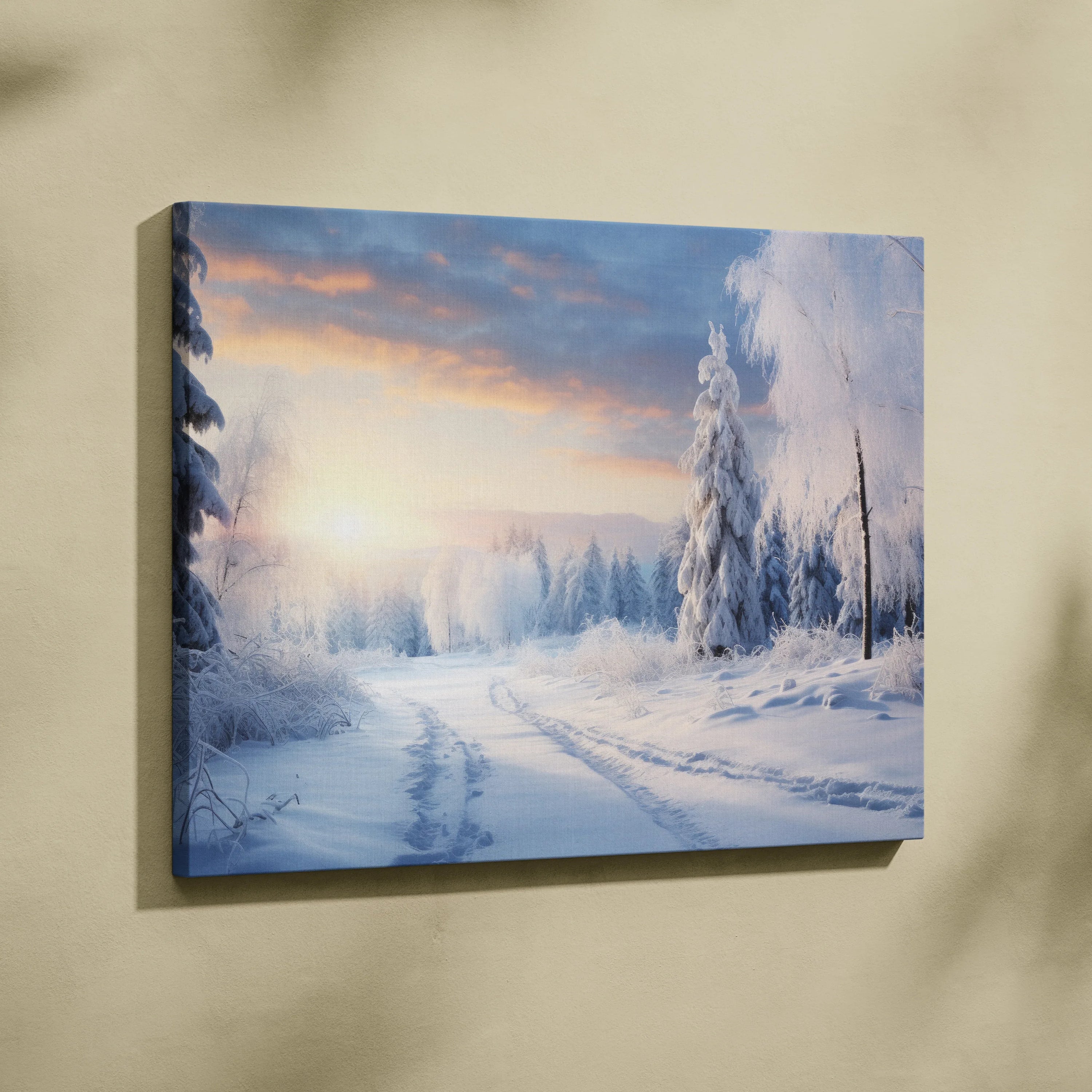Canvas wall art of a snowy forest landscape at sunset with soft pastel sky and snow-covered trees.