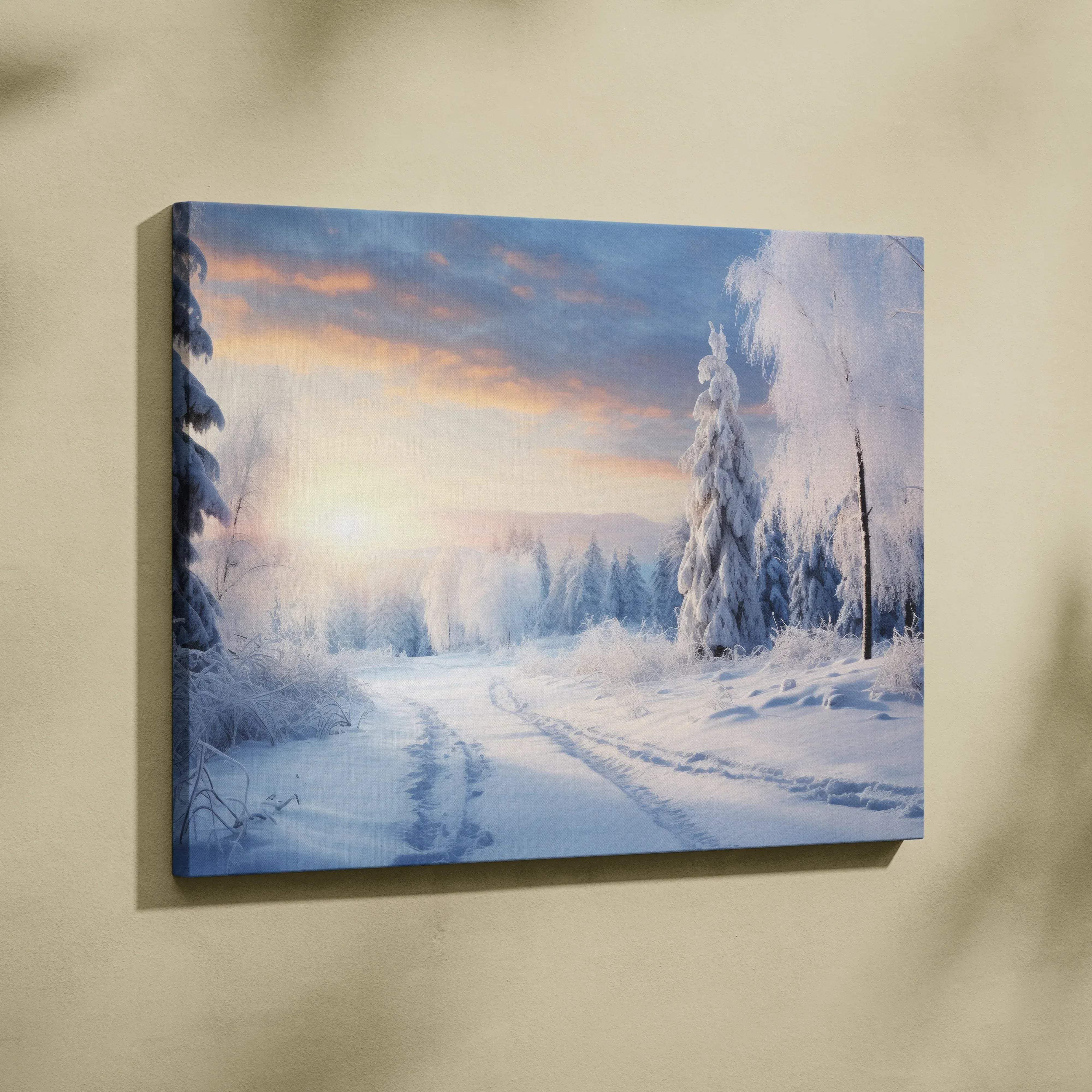 Winter landscape canvas wall art featuring a serene snowy forest sunrise in soft blue and orange tones for living room decor