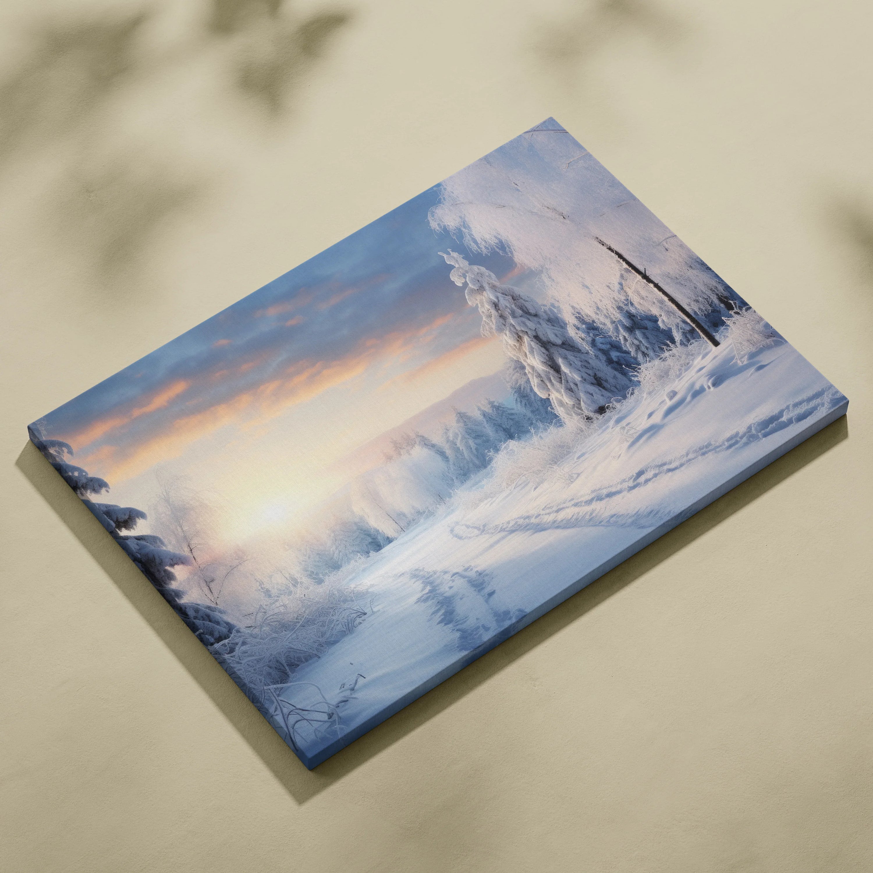 Winter landscape canvas wall art featuring snowy sunset with soft pastel sky and frosted trees decor.