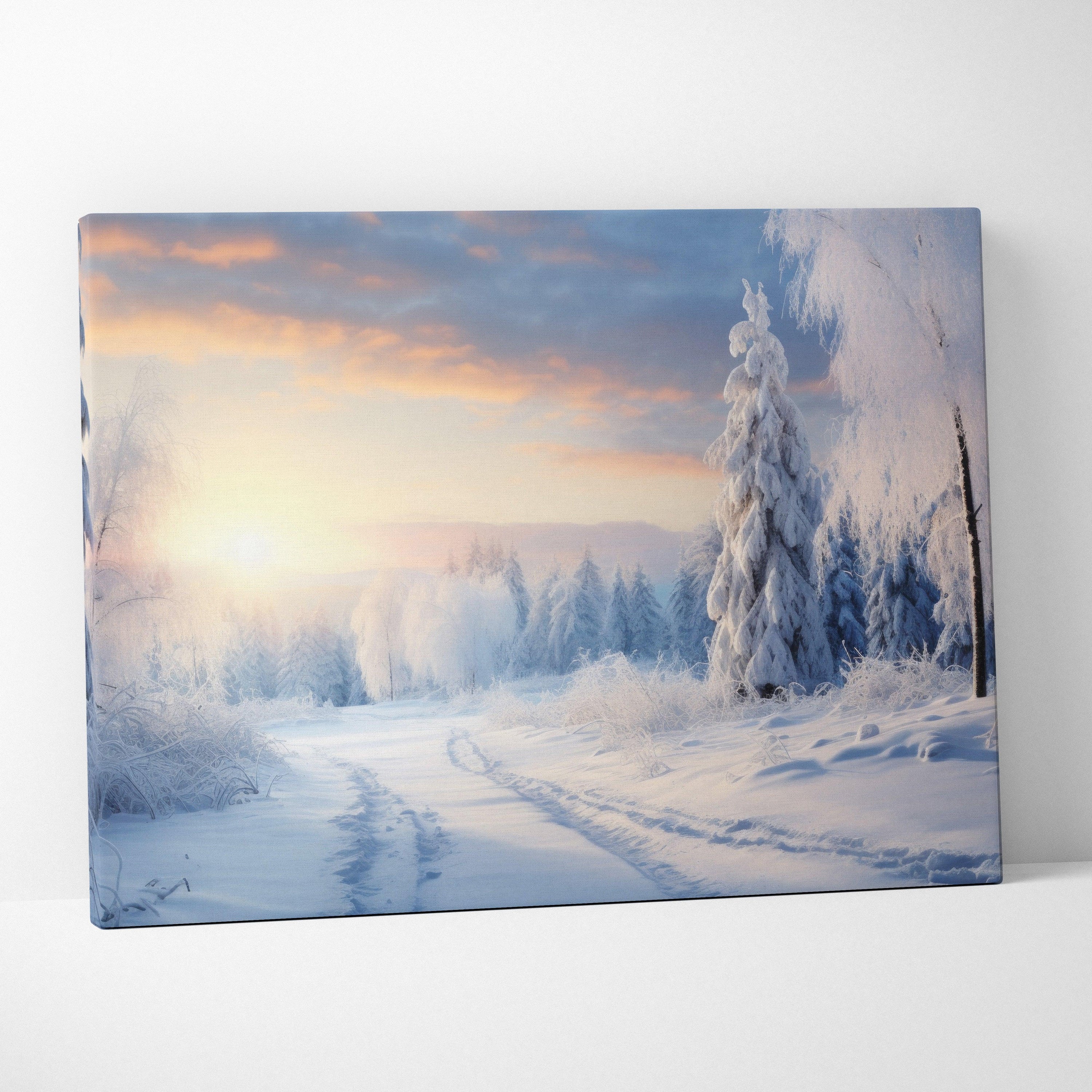 Canvas wall art featuring a snowy winter landscape with a soft orange and purple sunset sky and snow-covered trees.