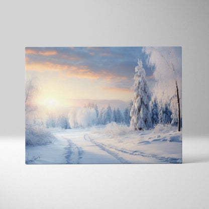 Winter landscape canvas wall art with snowy trees and a soft orange sunset sky.