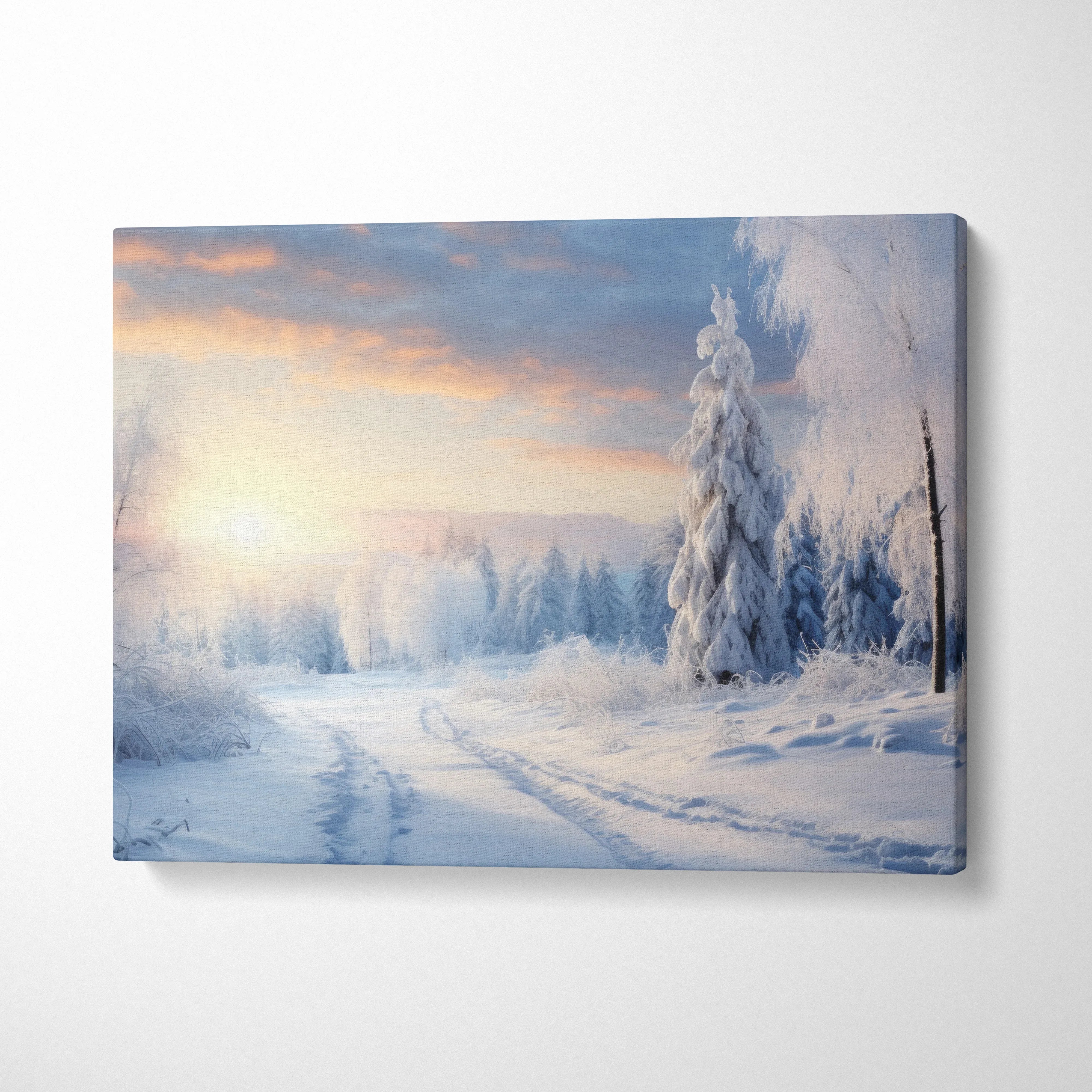Winter landscape canvas wall art featuring a snowy forest and soft sunset glow decor.