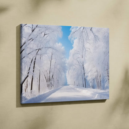 Canvas wall art featuring a dreamy snowy winter landscape with frosted trees and a clear blue sky.