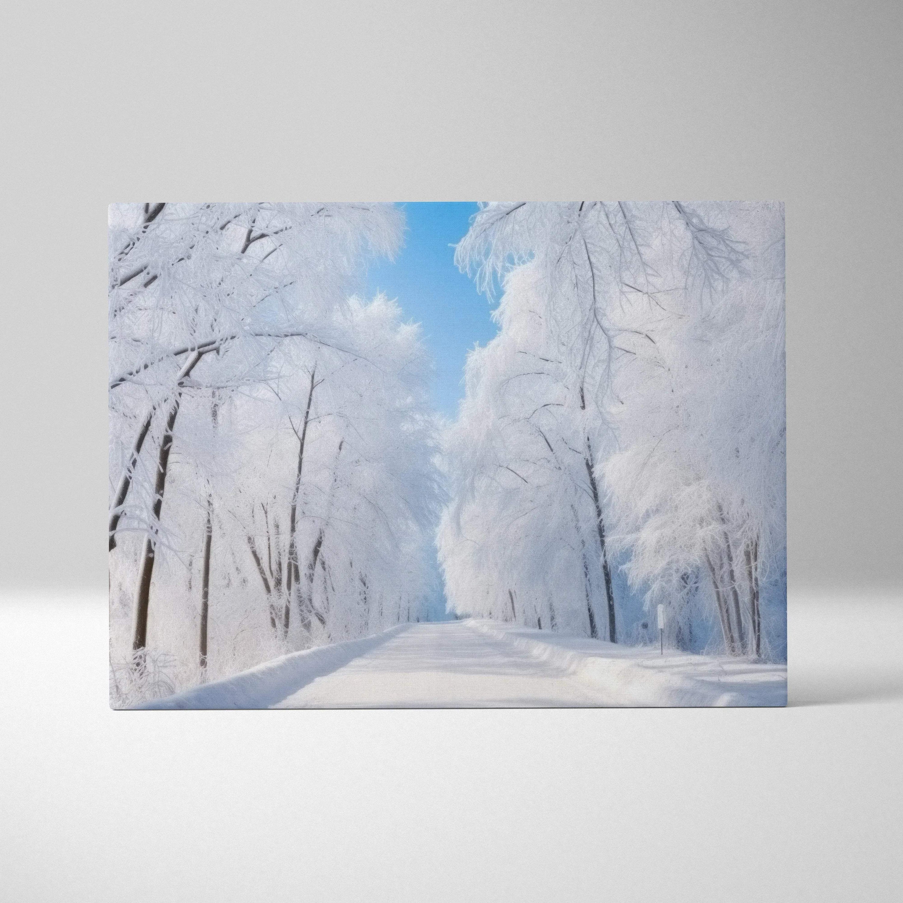 Canvas wall art featuring a serene winter landscape with snow-covered trees and a clear blue sky.