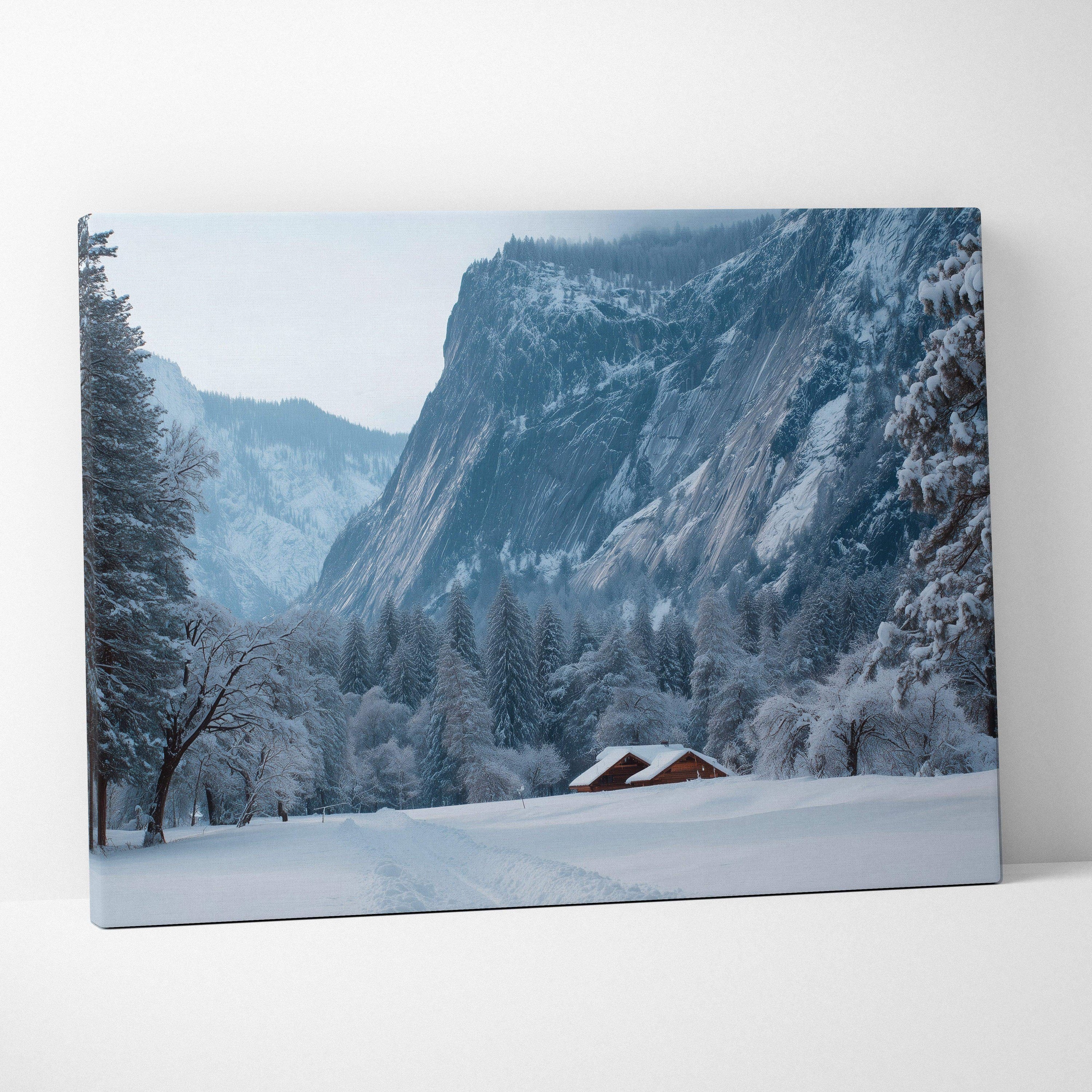Cinematic winter landscape canvas art with alpine cabin beneath snowy cliffs