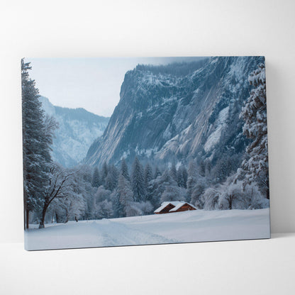 Cinematic winter landscape canvas art with alpine cabin beneath snowy cliffs