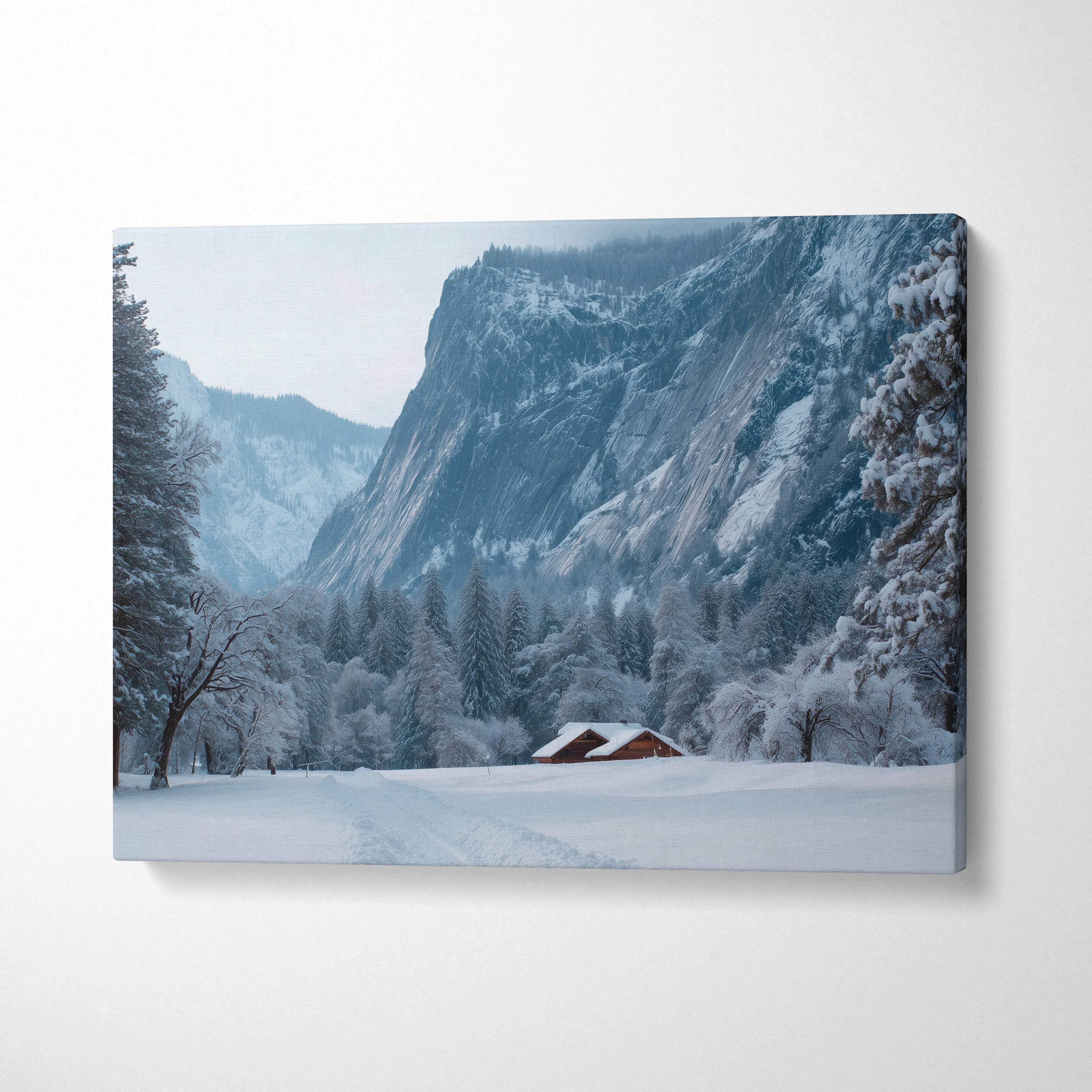 Snowy alpine cabin canvas wall art in icy blues and whites
