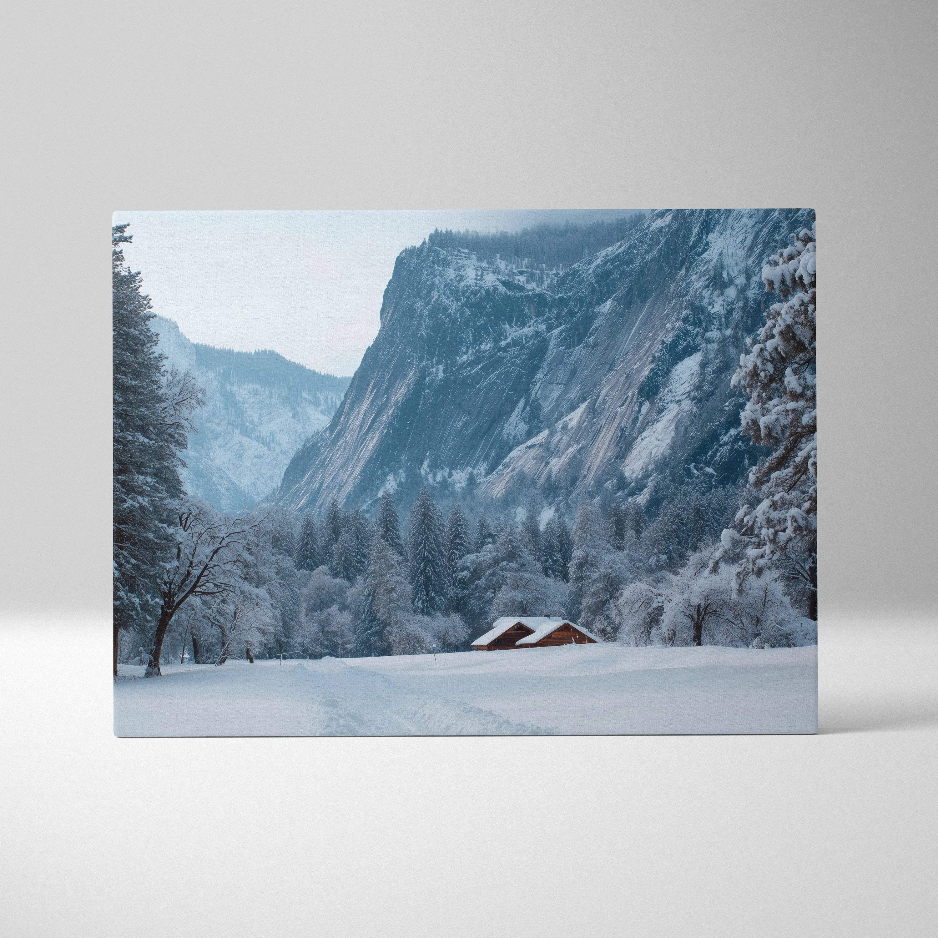 Snowy alpine cabin in cinematic winter landscape canvas wall art