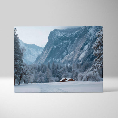Snowy alpine cabin in cinematic winter landscape canvas wall art