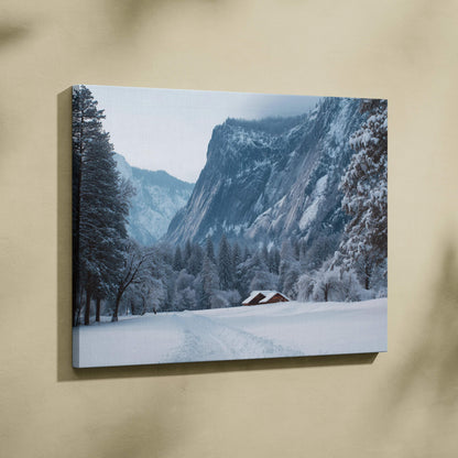 Snowy red cabin in icy blue alpine valley canvas wall art
