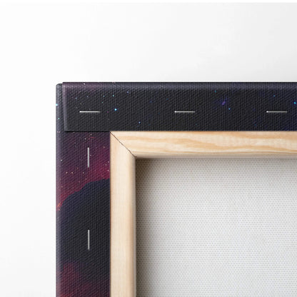Minimalist wooden frame with starry black canvas of cozy fantasy house under galaxy sky